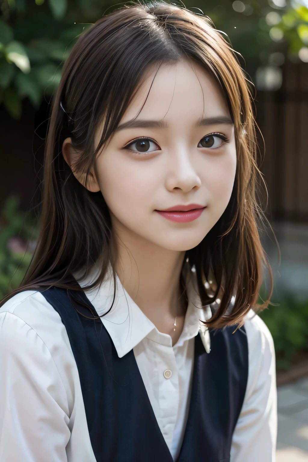 (8K、RAW photo、highest quality、masterpiece:1.2)、(realistic、Photoreal:1.37)、Super detailed、ultra high resolution、1 girl、((beautiful and detailed face、The golden ratio is directed from side to side、well-balanced eyes、double eyelid,lip gloss))、beautiful and smooth skin、skin texture、professional lighting、(Very beautiful 13 year old girl)、((bob hair、hair band))、japanese school uniform、smile、Look at the photographer、garden、black pantyhose