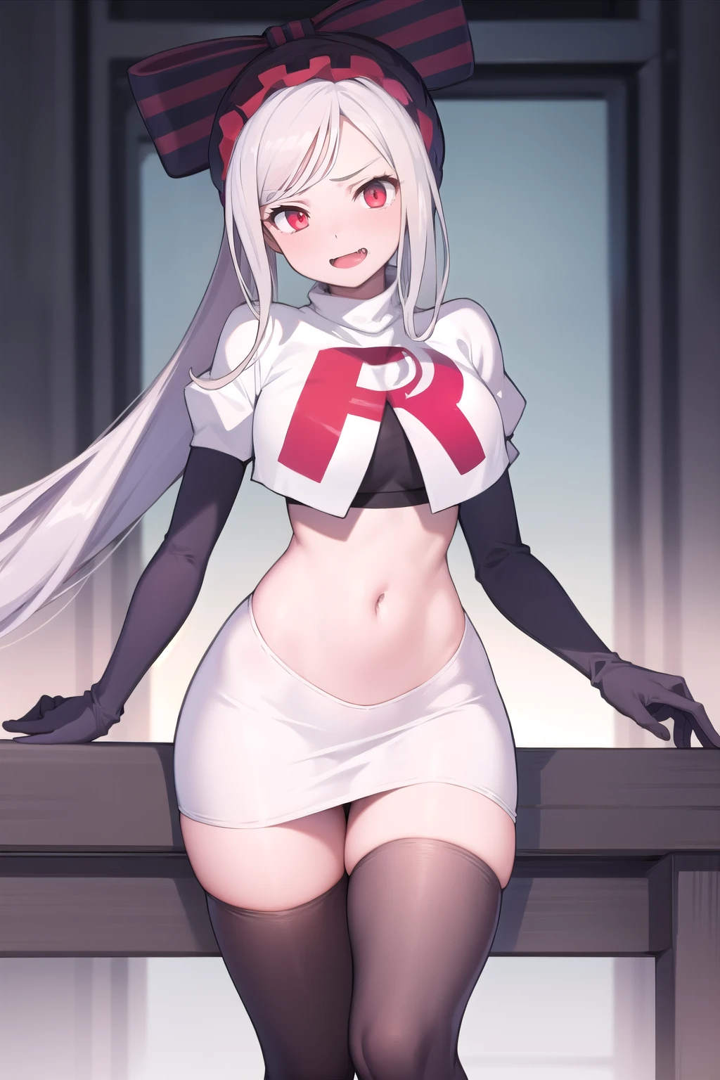 masterpiece, best quality, ShalltearV4, 1girl, solo, bow, hair bow, fang, pale skin, glowing, glowing eyes, team rocket,team rocket uniform,white skirt,red letter R,crop top,black thigh-highs,black elbow gloves