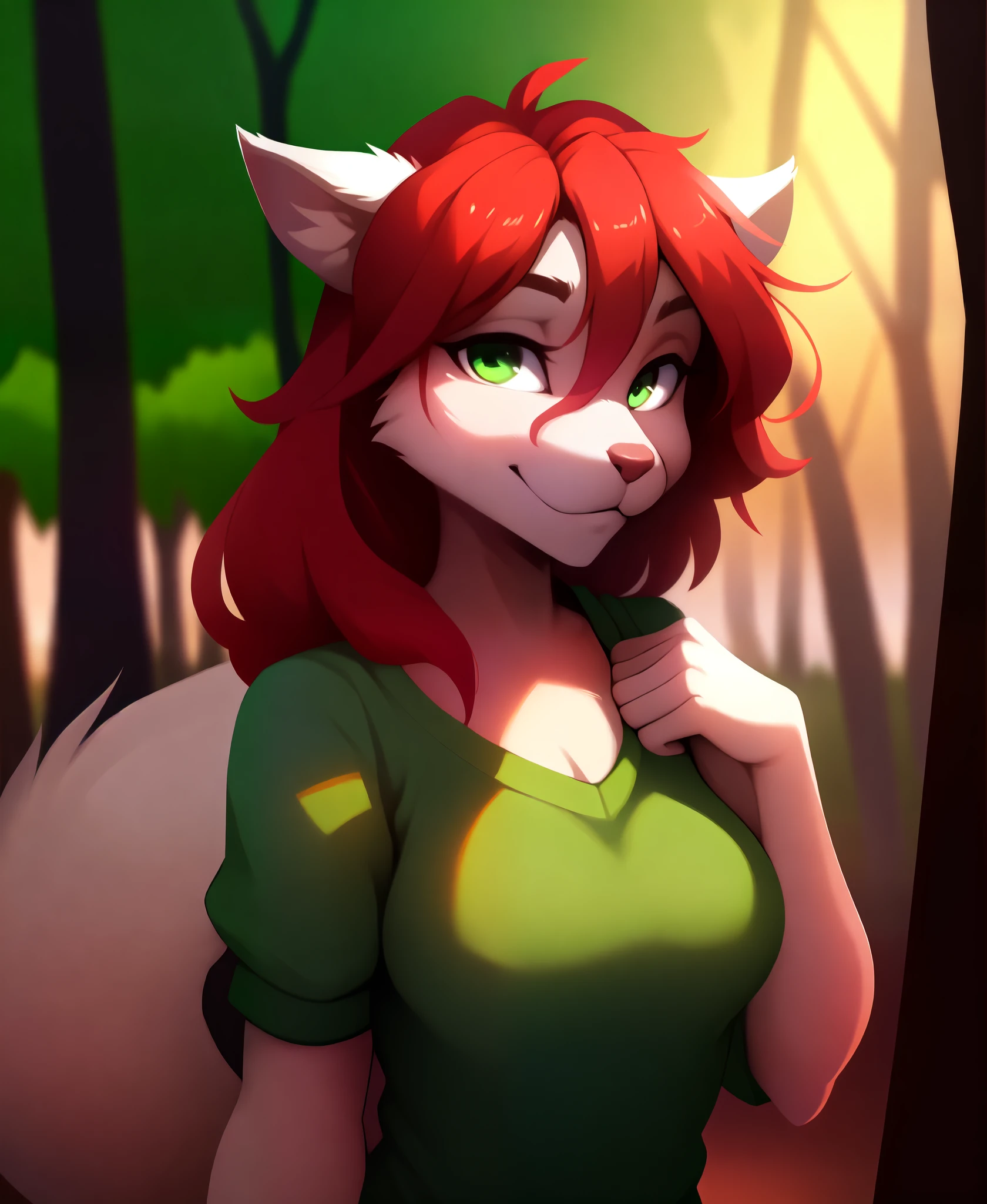 by kenket, by totesfleisch8, (by thebigslick, by silverfox5213:0.8), (by syuro:0.2),, rose-twokinds, twokinds, (best quality, masterpiece:1), solo, furry female anthro, green eyes, long hair, Red hair, portrait, finger claws, looking at viewer, wolf tail, (outdoors dark forest trees blurry blurred background:1.1), green clothes