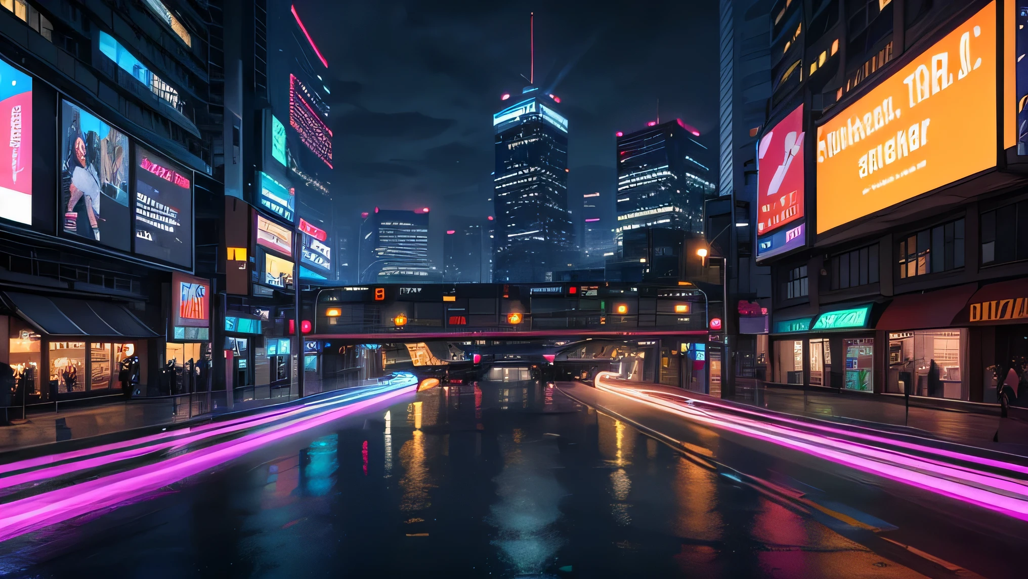 (melhor qualidade,4k,8k,high resolution,obra de arte:1.2),ultra-detalhado,(realista,photorealista,photo-realista:1.37),cyberpunk setting,luzes de neon,tecnologia futurista,templos espirituais,imposing skyscrapers,3D rendering,dystopian cityscape,efeitos de falha,Hovering vehicles,chuva pesada,reflective puddles,ruas mal iluminadas,urban decay,atmosfera arenosa,outdoors coloridos,LED signs in multiple languages,holographic displays,aberturas fumegantes,retro aesthetics,translucent umbrellas,Crowded sidewalks,masked individuals,pilotos de hoverboard,robotic police patrols,cyber enhancements,plantas bioluminescentes,artificial intelligence,electric arcs,fluxos de dados interconectados,subway trains passing by,Jardins verticais,tatuagens brilhantes,apartamentos altos,hologramas pixelados,Barracas de mercado noturno,strands of cables weaving through the skies,nuvens escuras sinistras,thriving nightlife,drones pairando,cyber implants,translucent glass walkways,laser beams piercing the sky