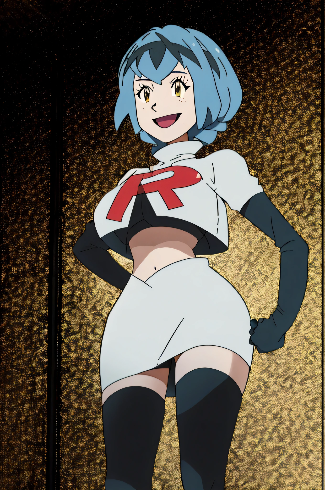 8k, anime screencap,1girl in, (Solo:1.2), (Perfect body:1.1), (Best Quality:1.1), very large breast, hands on hip,team rocket uniform, red letter r, white skirt,white crop top,black thigh-high boots, black elbow gloves, evil smile, looking down at viewer, hands on hips,zettai ryouiki, Marianne von Edmond