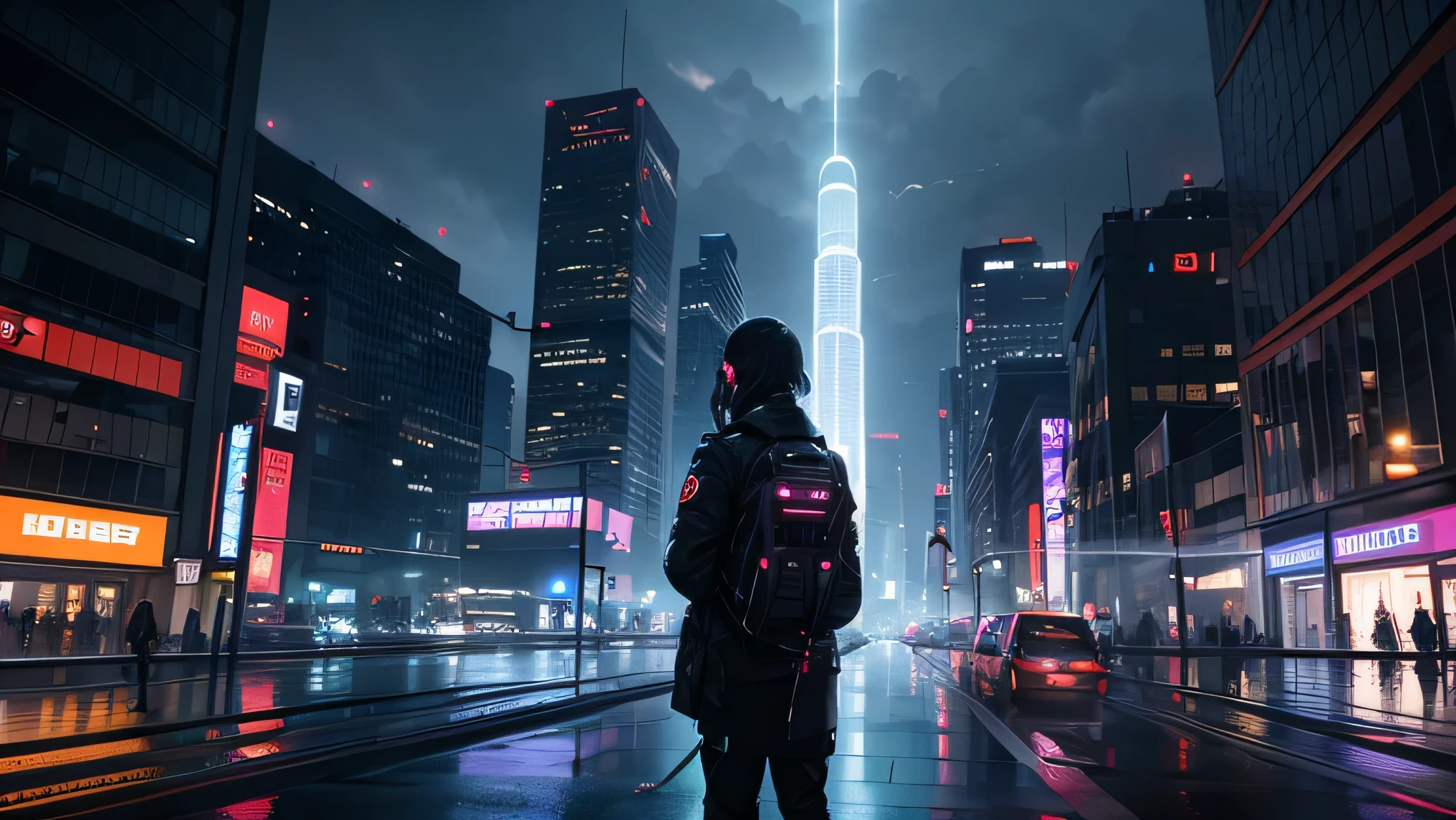 (melhor qualidade,4k,8k,high resolution,obra de arte:1.2),ultra-detalhado,(realista,photorealista,photo-realista:1.37),cyberpunk setting,luzes de neon,tecnologia futurista,templos espirituais,imposing skyscrapers,3D rendering,dystopian cityscape,efeitos de falha,Hovering vehicles,chuva pesada,reflective puddles,ruas mal iluminadas,urban decay,atmosfera arenosa,outdoors coloridos,LED signs in multiple languages,holographic displays,aberturas fumegantes,retro aesthetics,translucent umbrellas,Crowded sidewalks,masked individuals,pilotos de hoverboard,robotic police patrols,cyber enhancements,plantas bioluminescentes,artificial intelligence,electric arcs,fluxos de dados interconectados,subway trains passing by,Jardins verticais,tatuagens brilhantes,apartamentos altos,hologramas pixelados,Barracas de mercado noturno,strands of cables weaving through the skies,nuvens escuras sinistras,thriving nightlife,drones pairando,cyber implants,translucent glass walkways,laser beams piercing the sky