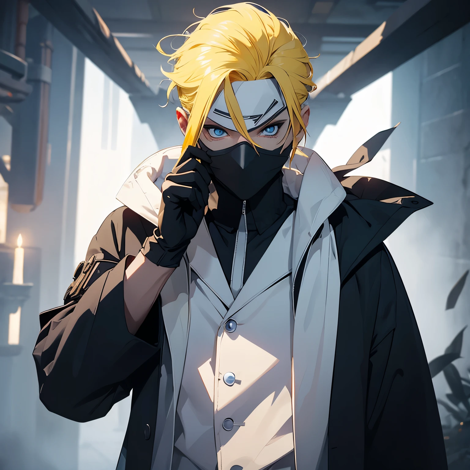 solo male, white robes, grey eyes, black pants, black gloves, (( Assassin mask)), yellow hair, ((blue Eyes)), (mask face), fantasy