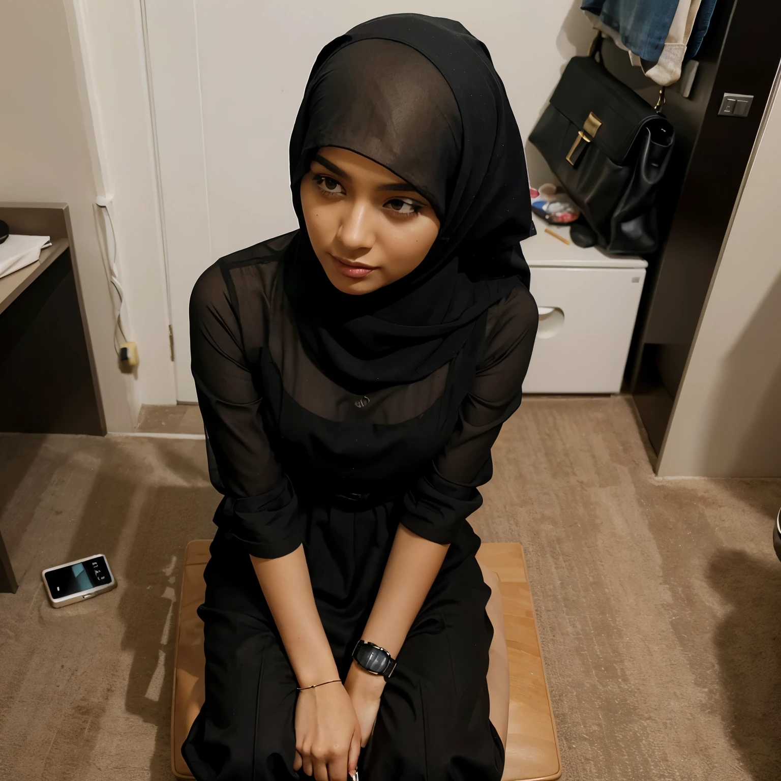 A very beautiful Muslim woman sits inside a broken smartphone screen. and app icons are scattered around her. The smart watch shows the time “12:50:3” and various app icons, including Facebook and Instagram. The woman i