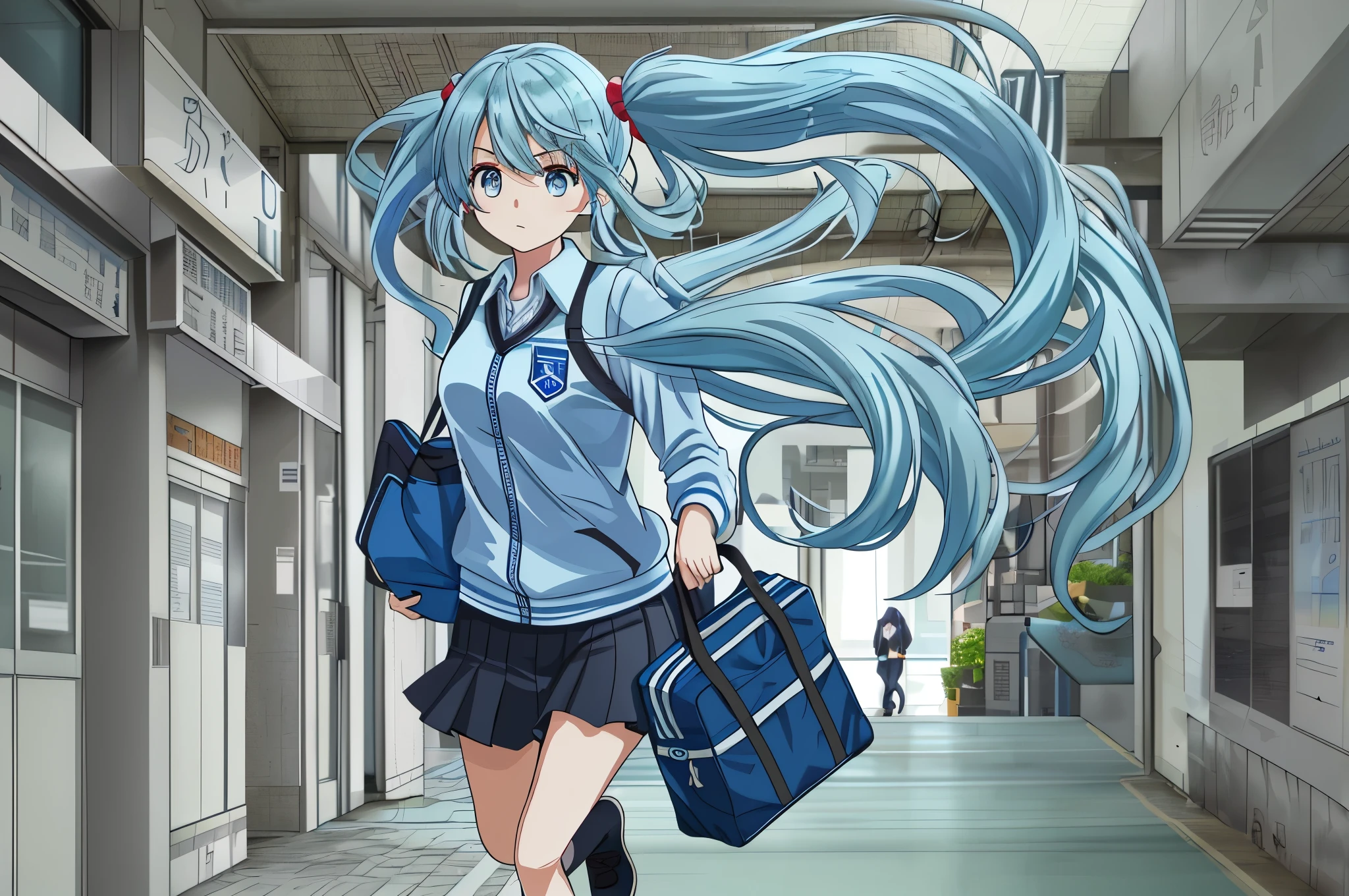 ((best quality)), light blue long hair Beautiful girl with twin tails moving mode action mode Not in time for the entrance exam I'm running into the exam hall. anxious look