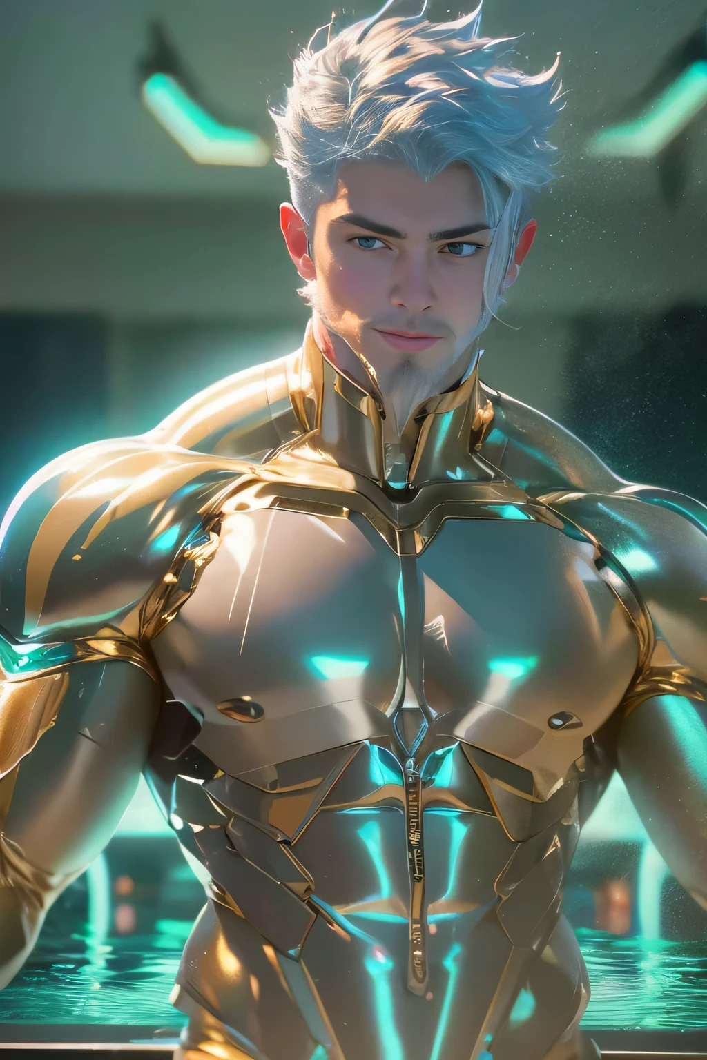 (mid_shot:1.3),(1 male:1.2),(muscle man:1.1),(frontal illumination:1.2),with a silver body and glitters with lights above,extreme iridescent reflection,in the style of vray tracing,vibrantmanga,shiny/ glossy,rococo pastel,fluid form,tinycore,fluid impressions,vray,machine aesthetics,yanjun cheng,silver,shiny eyes,fluidform.,the young warrior,male characteristics,beard