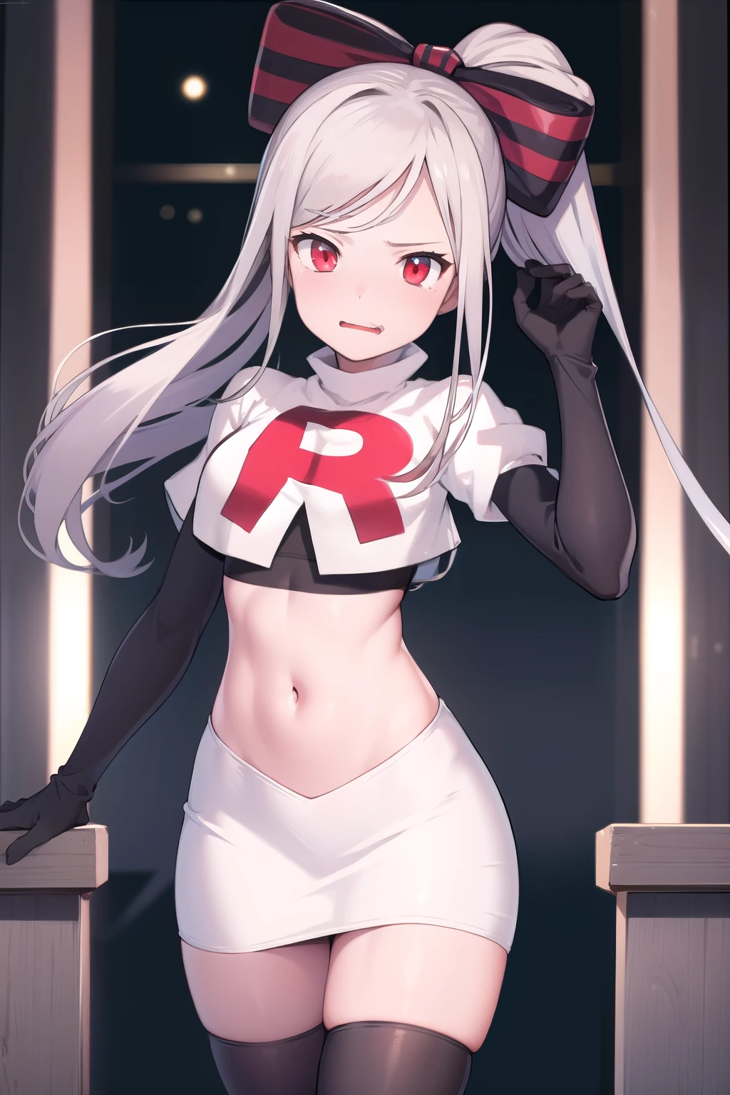 masterpiece, best quality, ShalltearV4, 1girl, solo, bow, hair bow, fang, pale skin, glowing, glowing eyes, team rocket,team rocket uniform,white skirt,red letter R,crop top,black thigh-highs,black elbow gloves