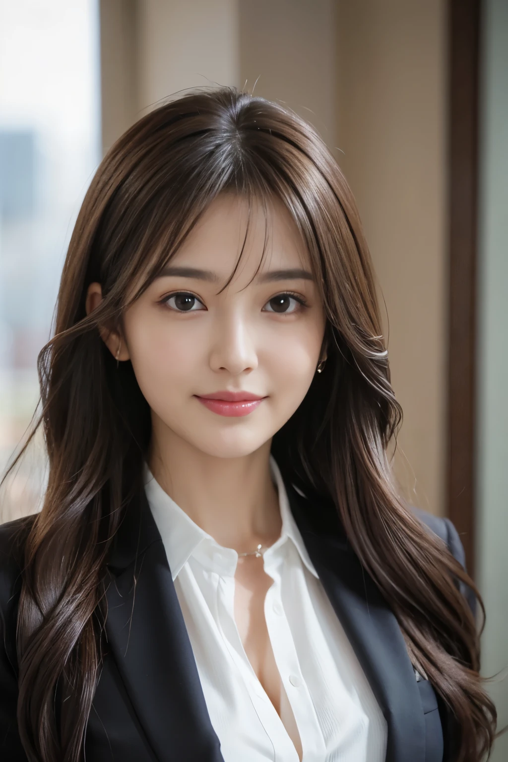 table top、highest quality、genuine、Super detailed、finely、High resolution、8k wallpaper、one beautiful woman、、、light brown disheveled hair、wearing a business suit、sharp focus、perfect dynamic composition、beautiful and detailed eyes、thin hair、詳細なgenuineな肌の質感、smile、close-up portrait、model body shape