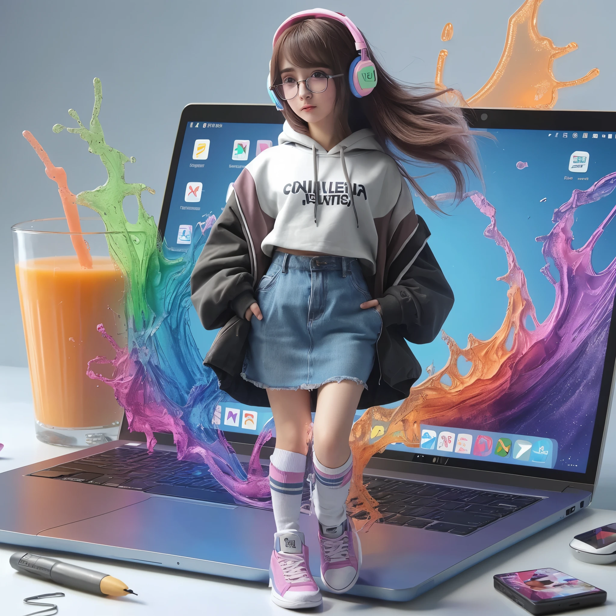 Seorang wanita berjalan diatas laptop, dengan percikan air warna-warni. Ia mengenakan hoodie dan kaos putih bertulis "CentellaAsiatica", dan rok pendek, ia memasukkan kedua tangan kedalam saku.