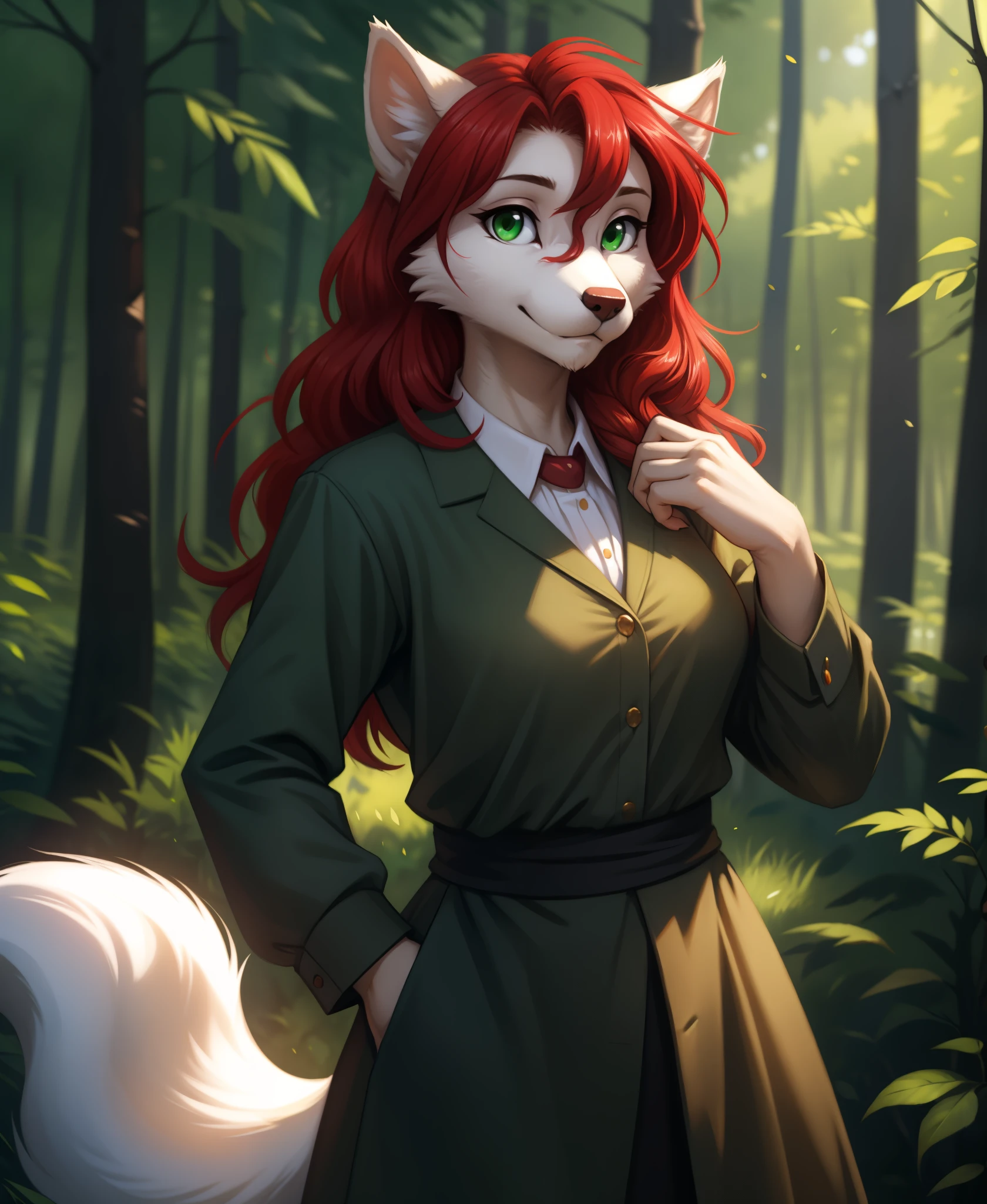 by kenket, by totesfleisch8, (by thebigslick, by silverfox5213:0.8), (by syuro:0.2),, rose-twokinds, twokinds, (best quality, masterpiece:1), solo, furry female anthro, green eyes, long hair, Red hair, portrait, finger claws, looking at viewer, wolf tail, (outdoors dark forest trees blurry blurred background:1.1), green clothes