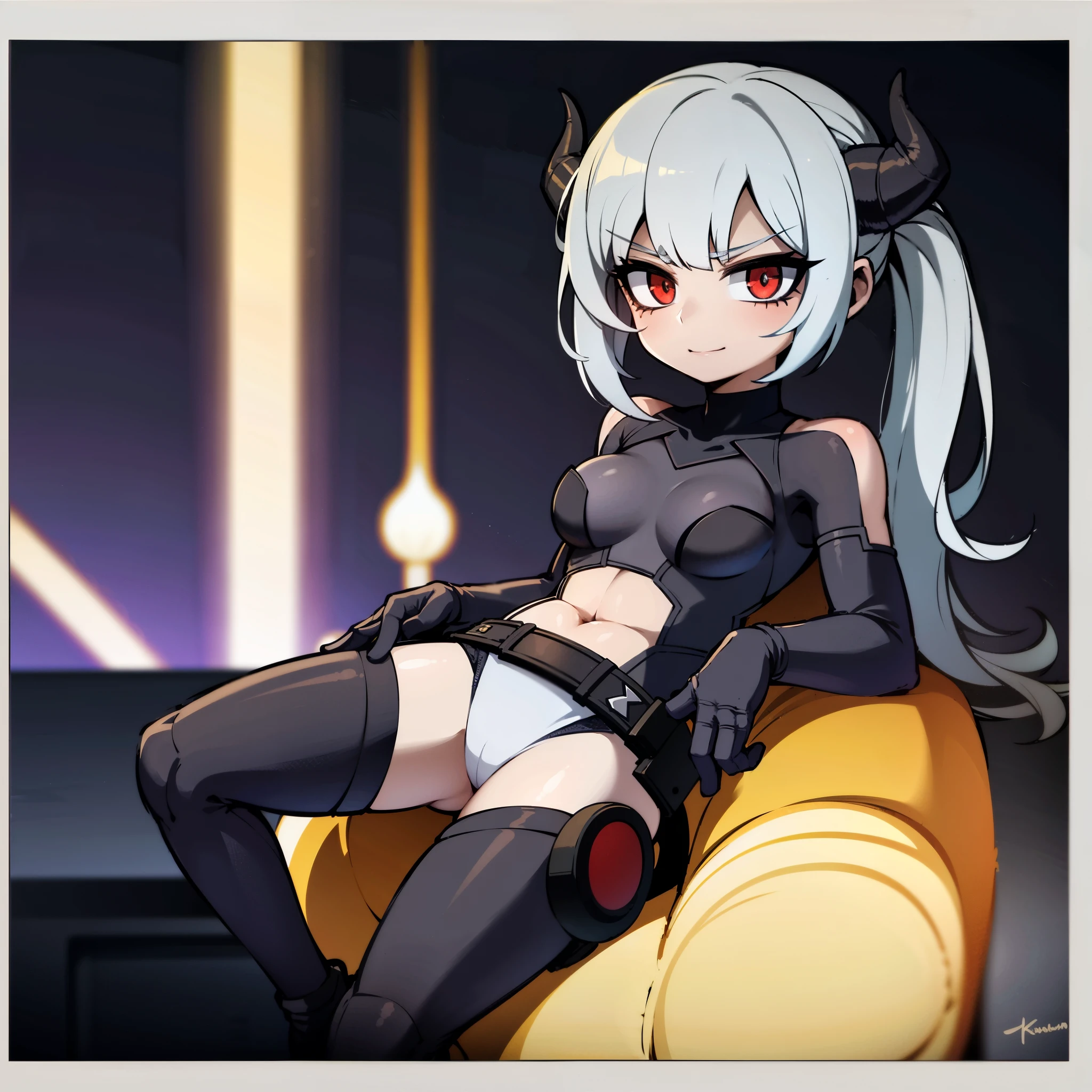 garota anime com cabelos brancos e chifres sentada em uma cadeira amarela, mika kurai demon, preto, demon anime girl, succubus in tight short dress, sorriso malicioso, garota anime sedutora, kantai collection style, sorriso nefasto, sorriso sensual, estilo de arte anime moe, demon girl, cushart krenz arte chave feminino