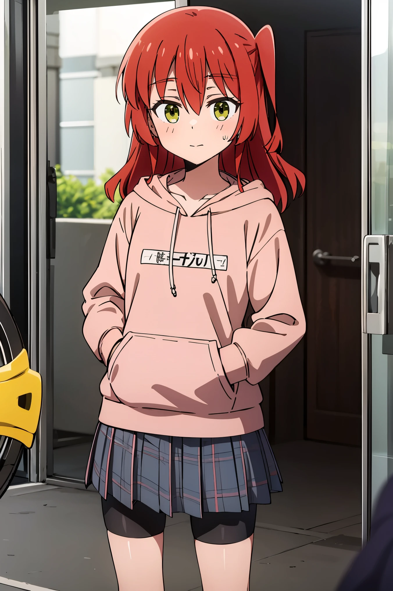 1 girl, hdr, ikuyo kita, red hair, one side up, long hair, green eyes, hoodie, pink hoodie, long sleeves, grey skirt, plaid skirt, bike shorts, black bike shorts, standing, open mouth, looking at viewers, plaid, room,