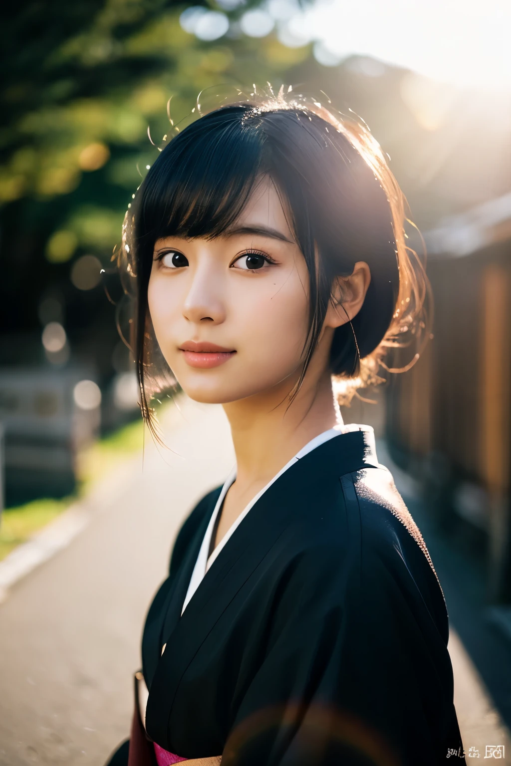 20-year-old Japanese supermodel girl,black hair,Ukiyo-e kimono,Japanese road background,A ray of light,beautiful facial lighting,big deal,Photographed by Yui Aragaki,6 o'clock'bell