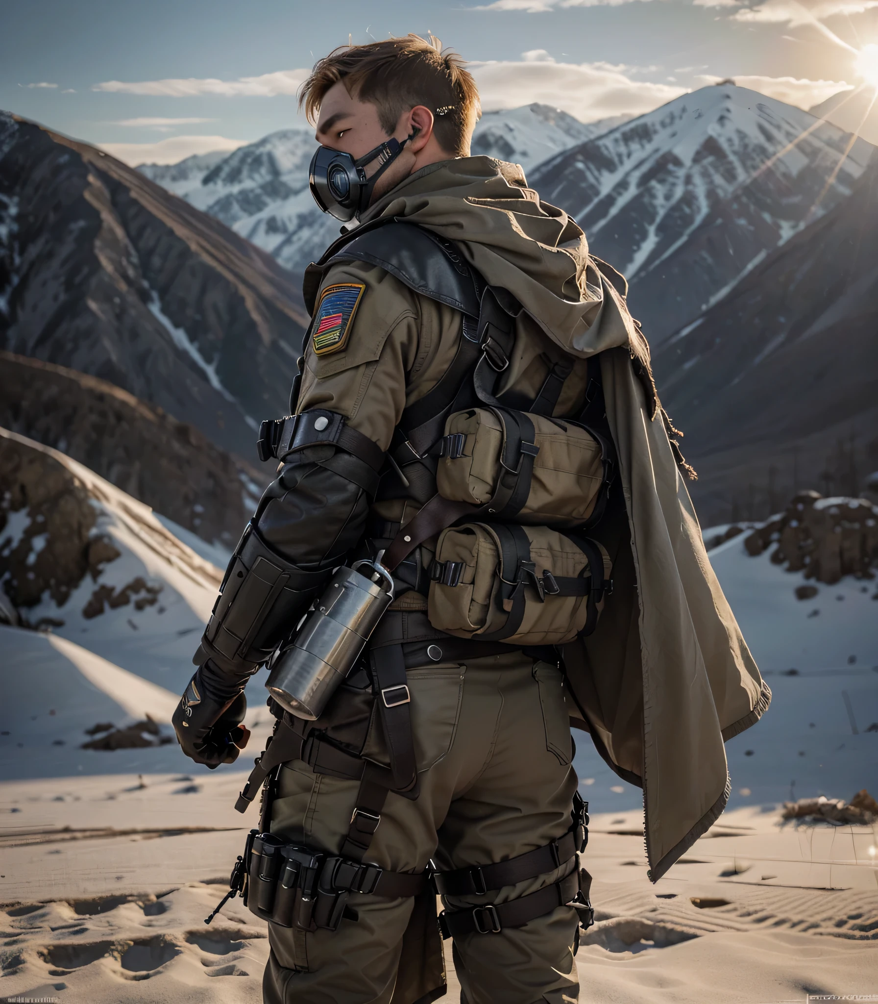 The male soldier is face up, el esta mirando lateralmente, Cara rusa muy masculina con cicatrices., piel blanca, pelo rubio claro corto estilo militar, tactical anti gas mask, assisted breathing system, oxygen tanks on the back, Tubos y cables, Parts on bionic inserts in your face., He wears a torn beige Soviet-style military uniform., capa de tela beige, guantes de cuero negro, shoulder pads and metal bulletproof vest, Belt and harnesses with ammunition., It's in the mountains of Afghanistan.., 4k, ultra detallado image, Realista, Muy detallado, perfect composition, gorgeous, Intrincadamente detallado, incredibly detailed, 8 k artistic photography, hiper detallado, obra maestra, ultra detallado, hyper Realista, 4k, ultra detallado image, Realista, muy detallado, perfect composition, hermoso, Intrincadamente detallado, incredibly detailed, 8 k artistic photography, hiper detallado, obra maestra