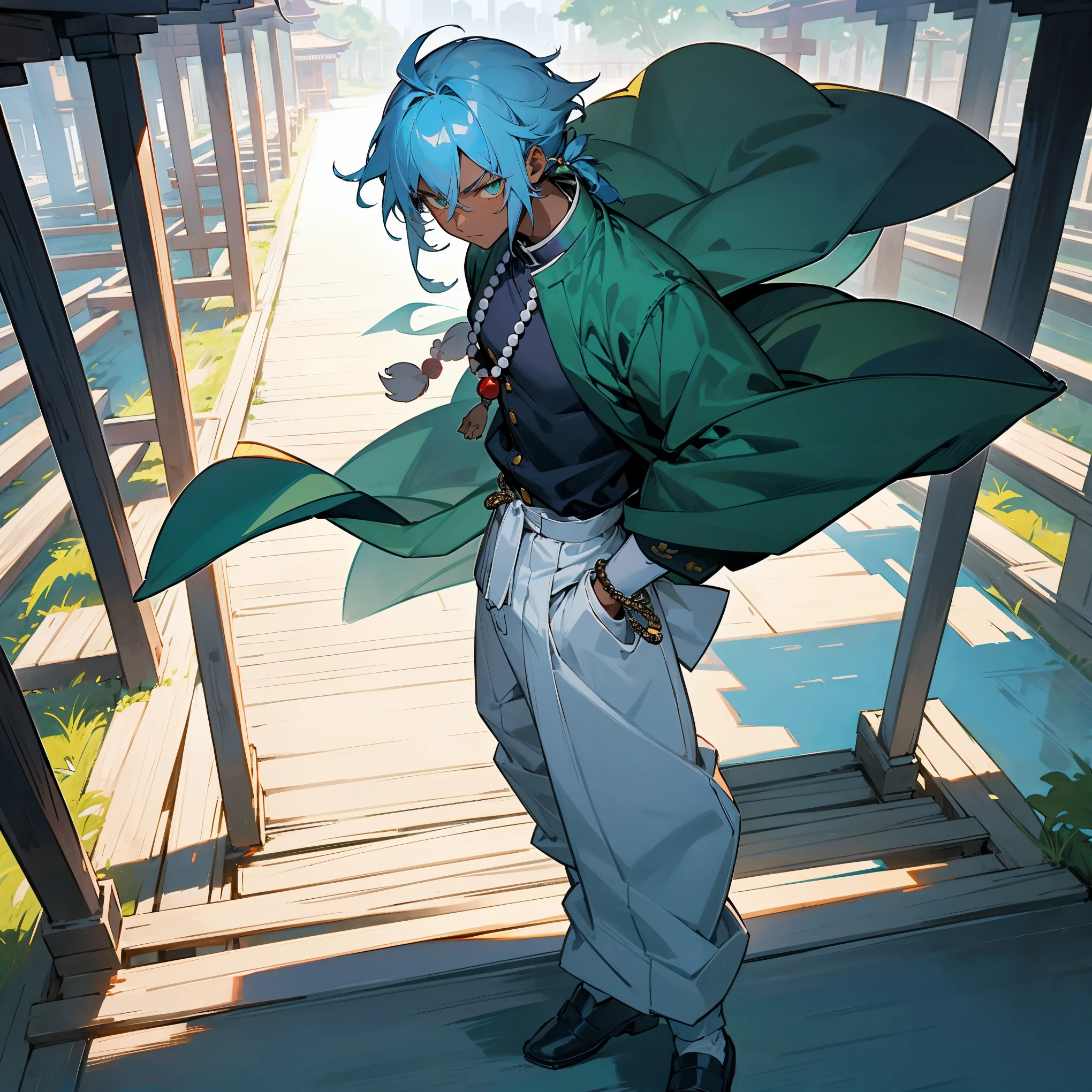1male, young teen, dark skin, short wavy low ponytail, pale blue colored hair, finely detailed green eyes, peasant clothes, loose gakuran uniform with sleeves rolled up, baggy pants, prayer beads, serious expression, fisherman village, lanterns, standing in front of shrine gate