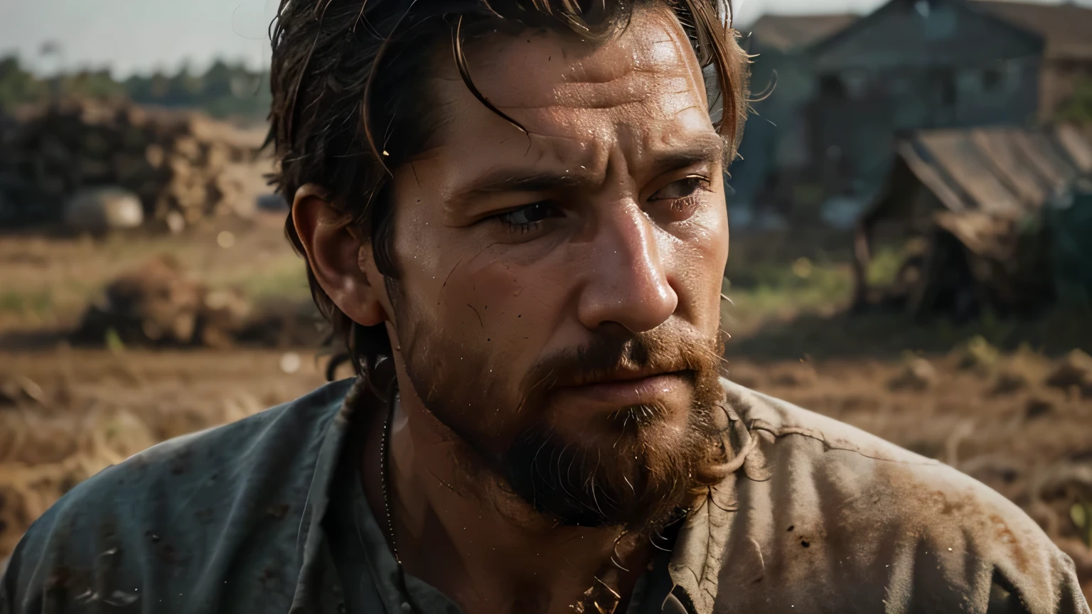 otima qualidade, hiper-realista, close-up of a simple peasant, muito cansado, dirty appearance, imagem de fundo um campo desfocado, cinematographic, 8k