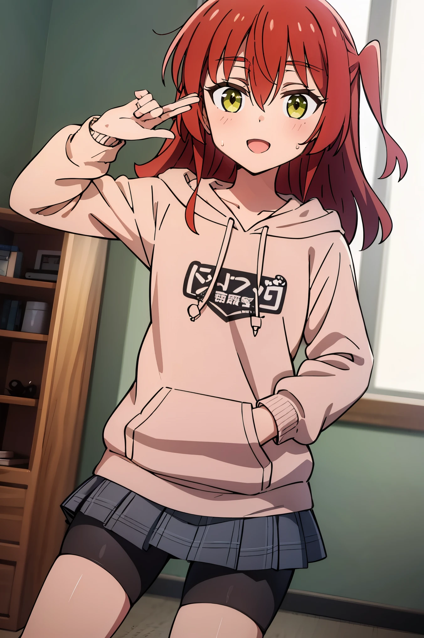1 girl, hdr, ikuyo kita, red hair, one side up, long hair, green eyes, hoodie, pink hoodie, long sleeves, grey skirt, plaid skirt, bike shorts, black bike shorts, standing, open mouth, looking at viewers, plaid, room,