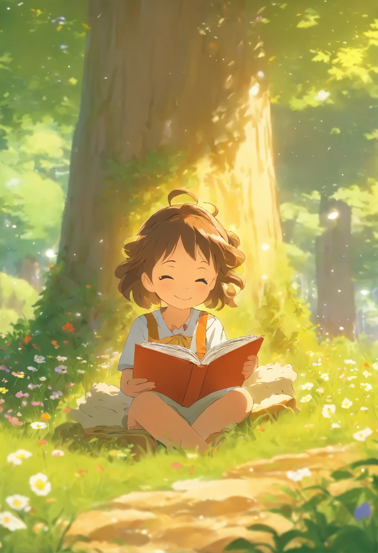 5 year old girl reading a picture book under a tree,stream, steins, Wildflowers.
