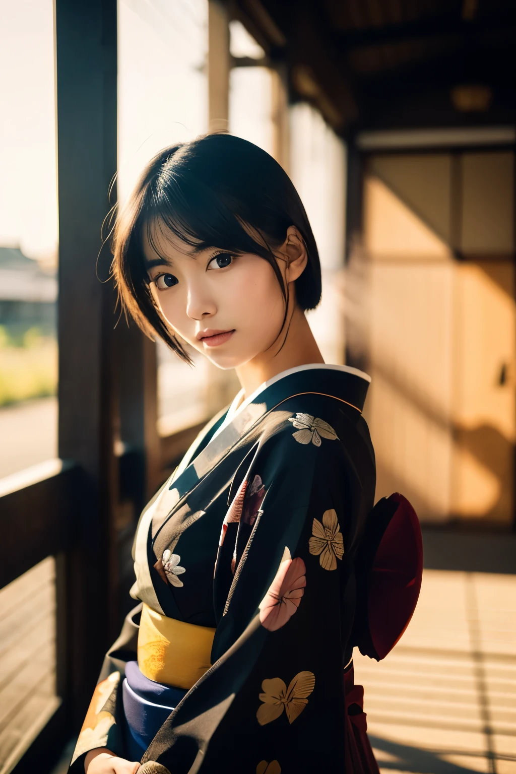 20-year-old Japanese supermodel girl，black hair，Ukiyo-e kimono，Japanese road background，A ray of light，beautiful facial lighting，big deal，Photographed by Yui Aragaki，6 o&#39;clock&#39;bell