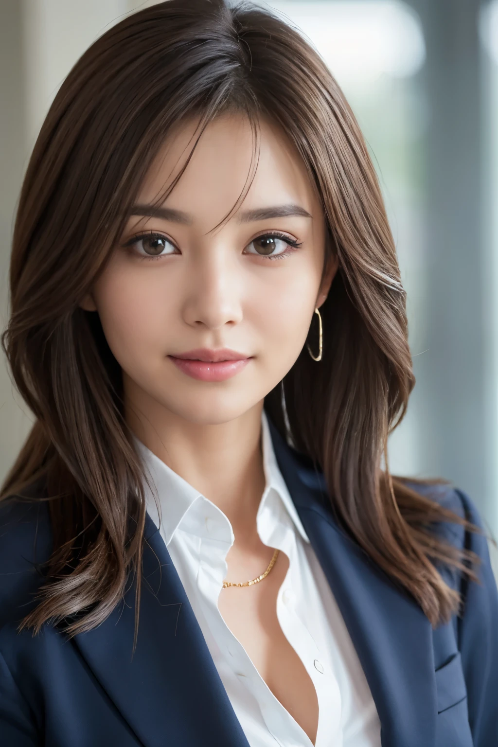 table top、highest quality、genuine、Super detailed、finely、High resolution、8k wallpaper、one beautiful woman、、、light brown disheveled hair、wearing a business suit、sharp focus、perfect dynamic composition、beautiful and detailed eyes、thin hair、詳細なgenuineな肌の質感、smile、close-up portrait、model body shape