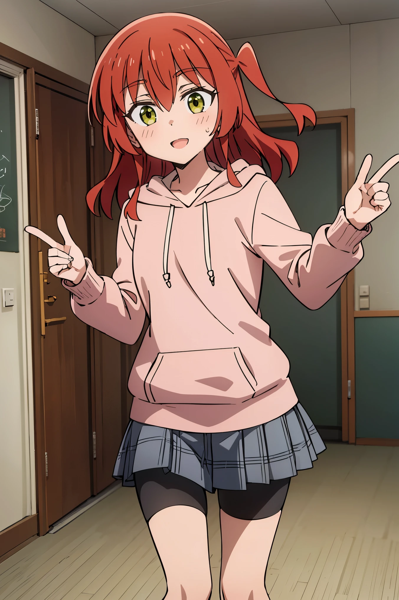 1 girl, hdr, ikuyo kita, red hair, one side up, long hair, green eyes, hoodie, pink hoodie, long sleeves, grey skirt, plaid skirt, bike shorts, black bike shorts, standing, open mouth, looking at viewers, plaid, room,