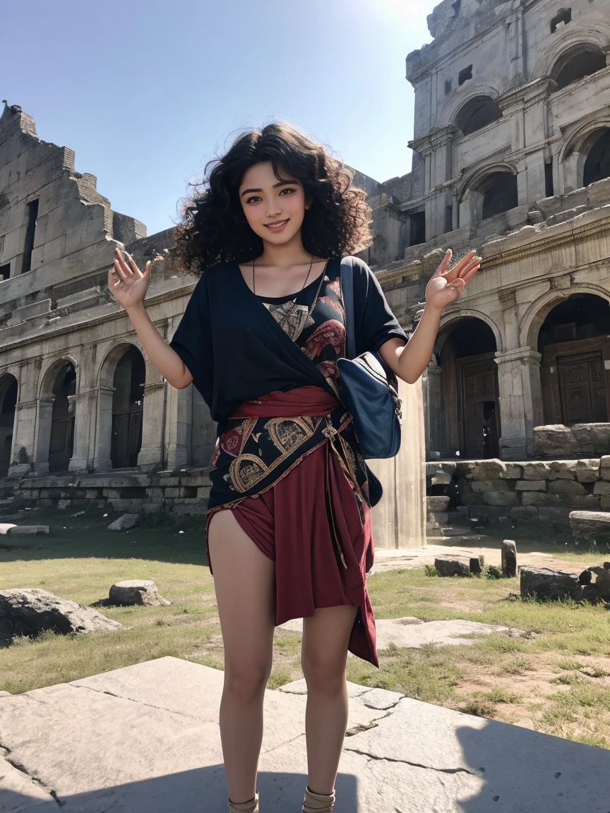 highest quality、masterpiece、ultra high resolution、(realistic:1.4)、Beautiful woman、Take a full body photo、beautiful eyes and skin details、smile、curly hair、ancient ruins、Shining pyramid、Shine beautifully、Clothes unlike any civilization、giant rocks、fruit