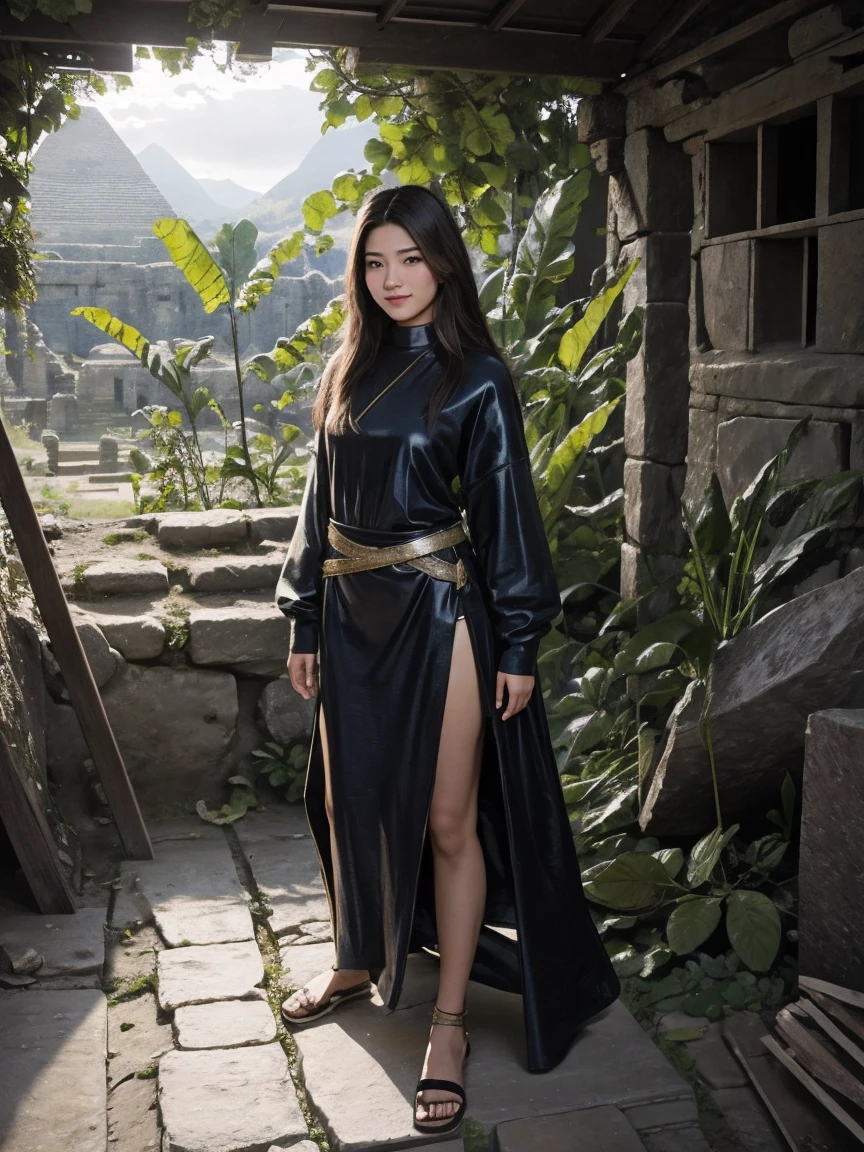 highest quality、masterpiece、ultra high resolution、(realistic:1.4)、Beautiful woman、Take a full body photo、beautiful eyes and skin details、smile、medium long hair、sandals、huge ancient ruins、glowing pyramid、Clothing unlike any civilization、space plant tentacles、Have corn