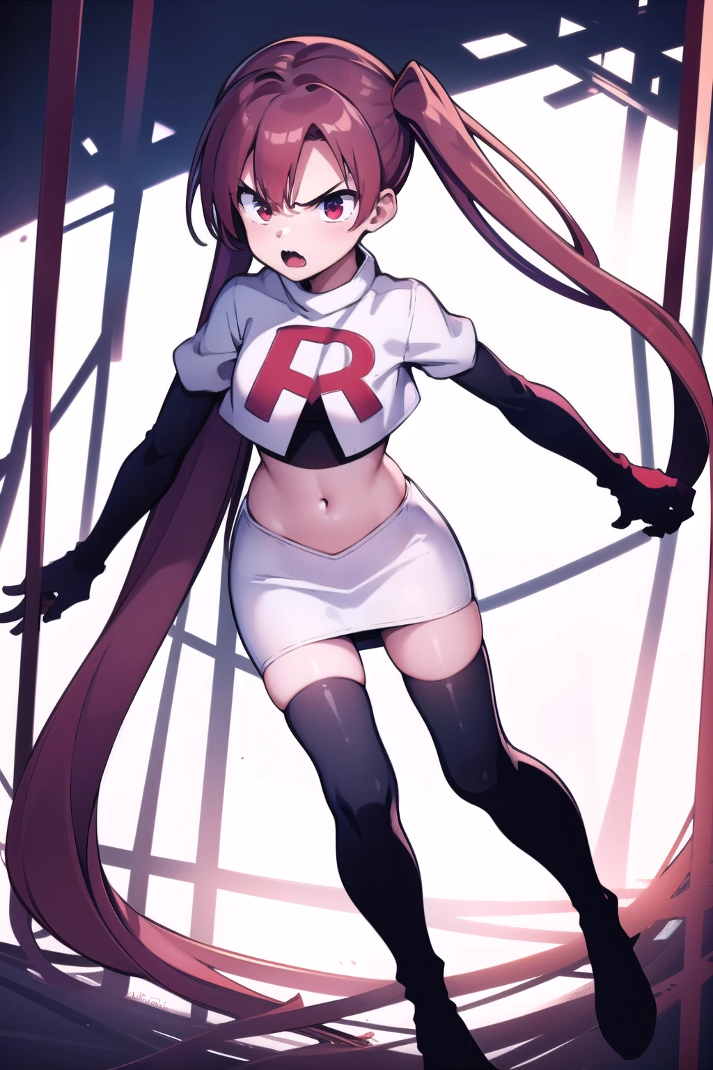 masterpiece, best quality, 
1girl, solo, angry, team rocket,team rocket uniform,white skirt,red letter R,crop top,black thigh-highs,black elbow gloves