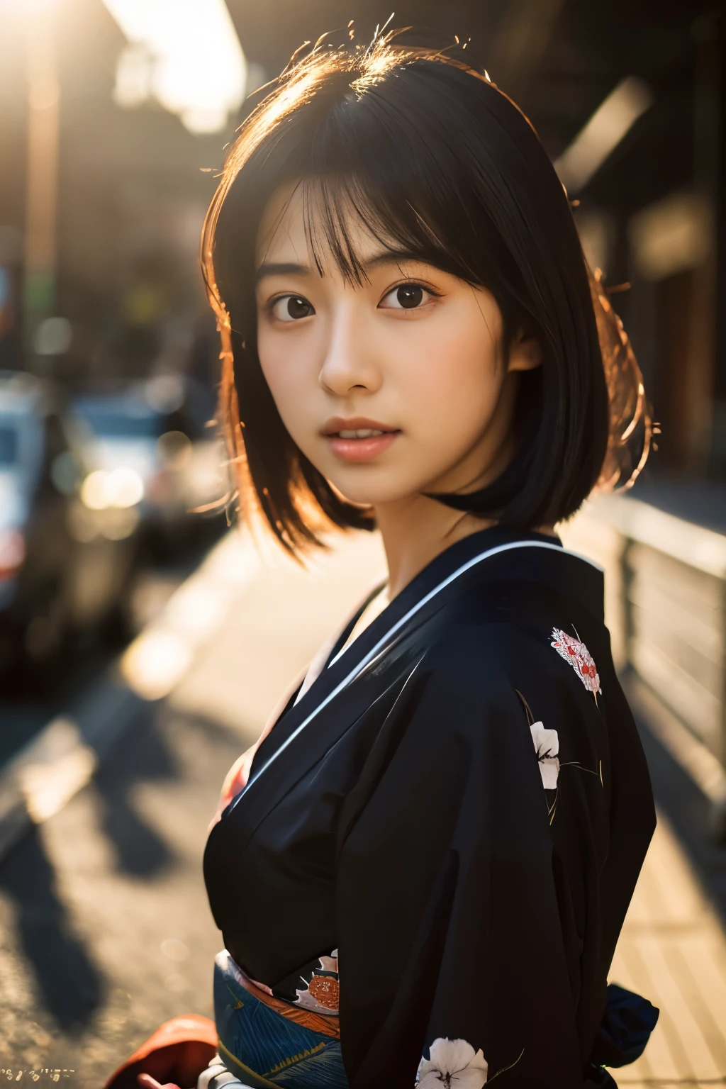 20-year-old Japanese supermodel girl,black hair,Ukiyo-e kimono,Japanese road background,A ray of light,beautiful facial lighting,big deal,Photographed by Yui Aragaki,6 o'clock'bell