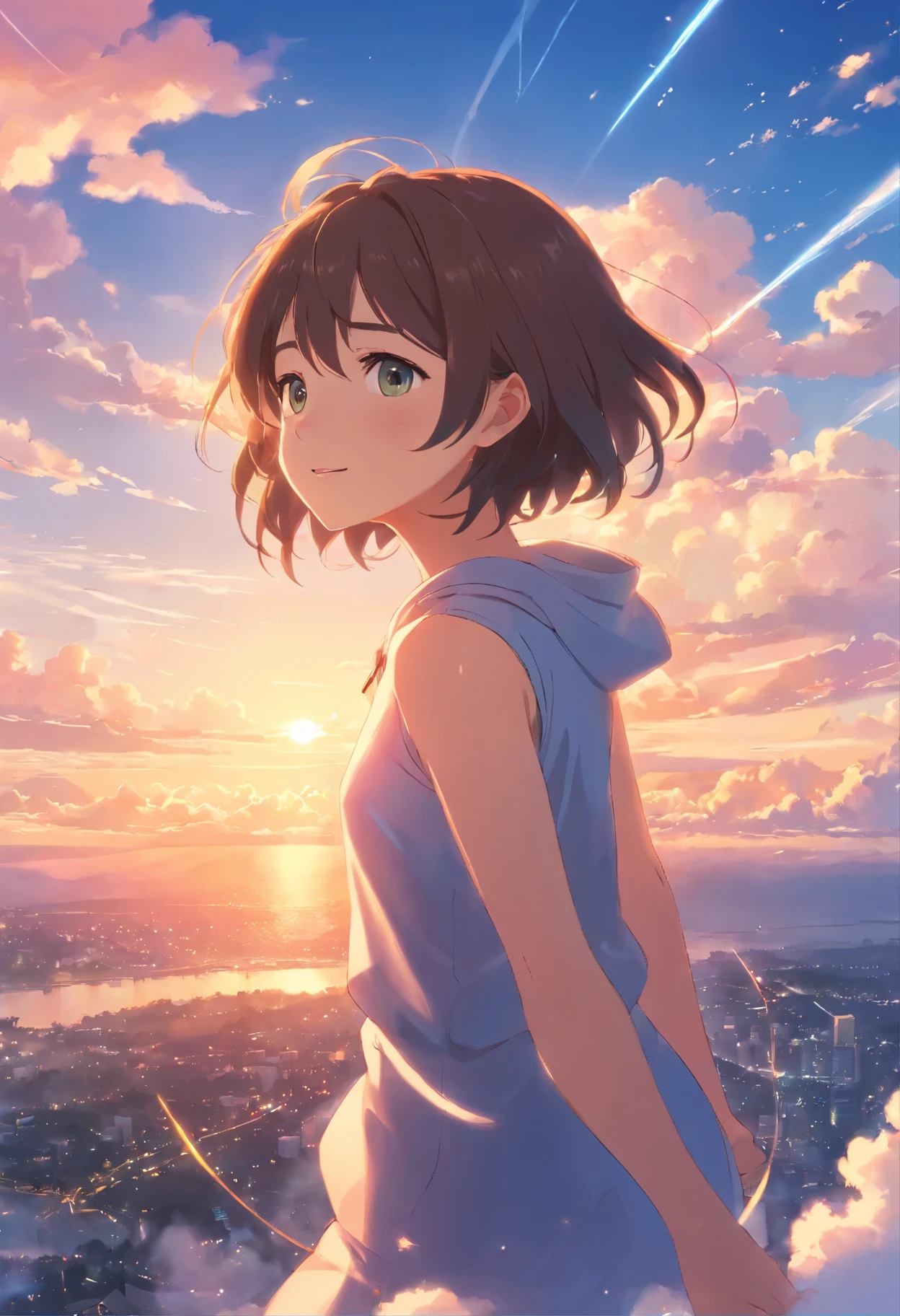 masterpiece, Best quality, movie yet, 1 girl, Cloud Girl, floating in the sky, Close-up, bright, Happy, warm soft lighting, sunset, (sparks:0.7)
