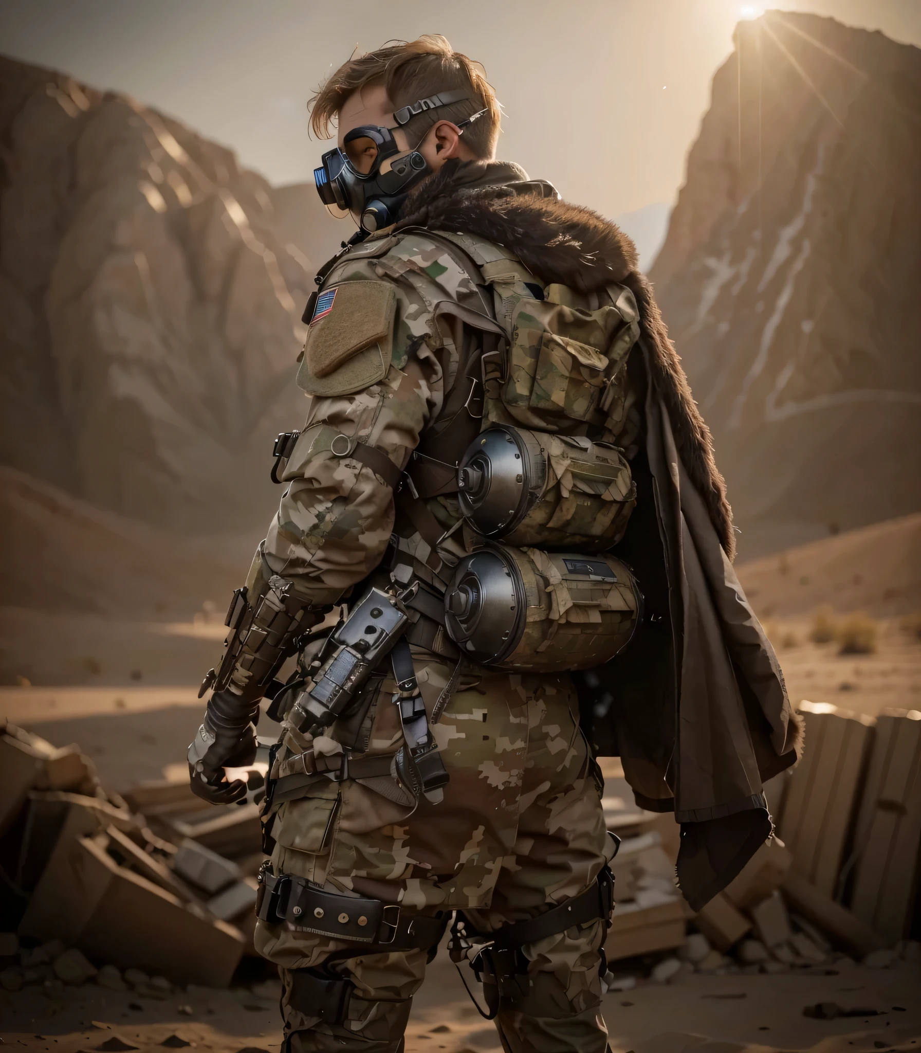 The male soldier is face up, el esta mirando lateralmente, Cara rusa muy masculina con cicatrices., piel blanca, pelo rubio claro corto estilo militar, tactical anti gas mask, assisted breathing system, oxygen tanks on the back, Tubos y cables, Parts on bionic inserts in your face., He wears a torn beige Soviet-style military uniform., capa de tela beige, guantes de cuero negro, shoulder pads and metal bulletproof vest, Belt and harnesses with ammunition., It is in the desert mountains of Afghanistan, 4k, ultra detallado image , Realista, Muy detallado, perfect composition , gorgeous, Intrincadamente detallado, incredibly detailed, 8 k artistic photography, hiper detallado, obra maestra, ultra detallado, hyper Realista, 4k, ultra detallado image, Realista, muy detallado, perfect composition, hermoso, Intrincadamente detallado , incredibly detailed, 8 k artistic photography, hiper detallado, obra maestra