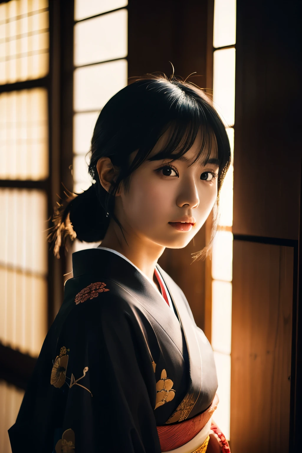 20-year-old Japanese supermodel girl,black hair,Ukiyo-e kimono,Japanese road background,A ray of light,beautiful facial lighting,big deal,Photographed by Yui Aragaki,6 o'clock'bell