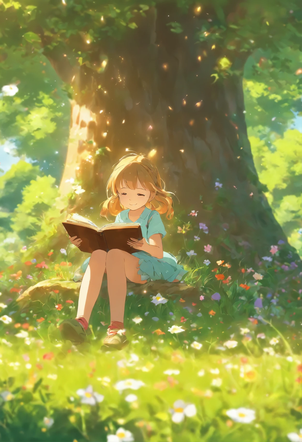 5 year old girl reading under a tree,stream, steins, Wildflowers.