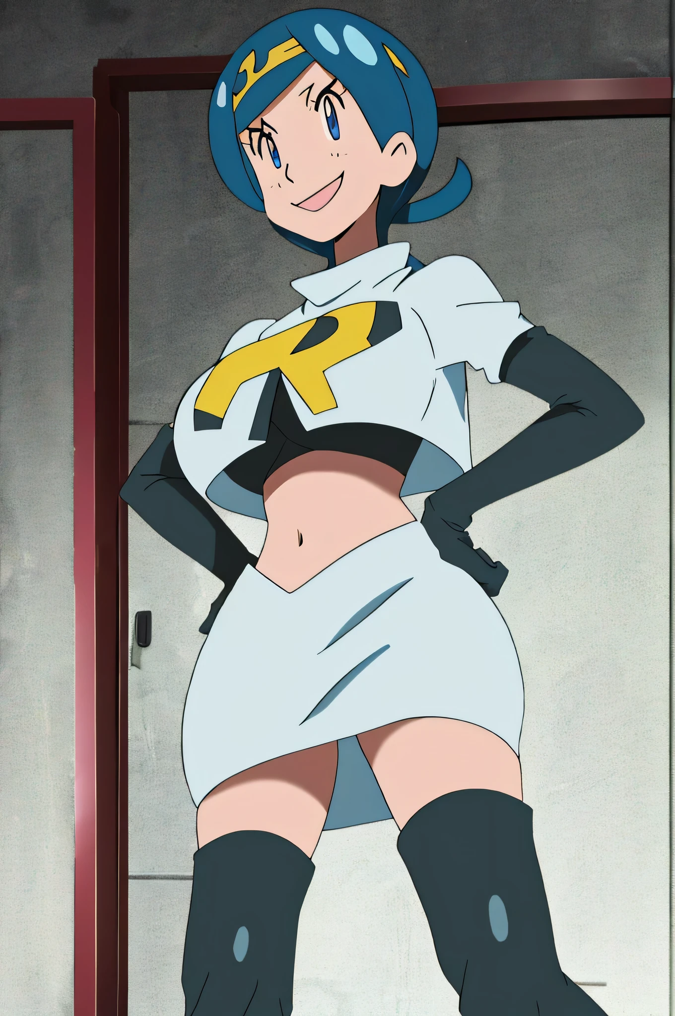 8k, anime screencap,1girl in, (Solo:1.2), (Perfect body:1.1), (Best Quality:1.1), very large breast, hands on hip,team rocket uniform, red letter r, white skirt,white crop top,black thigh-high boots, black elbow gloves, evil smile, looking down at viewer, hands on hips,zettai ryouiki, Lana mother