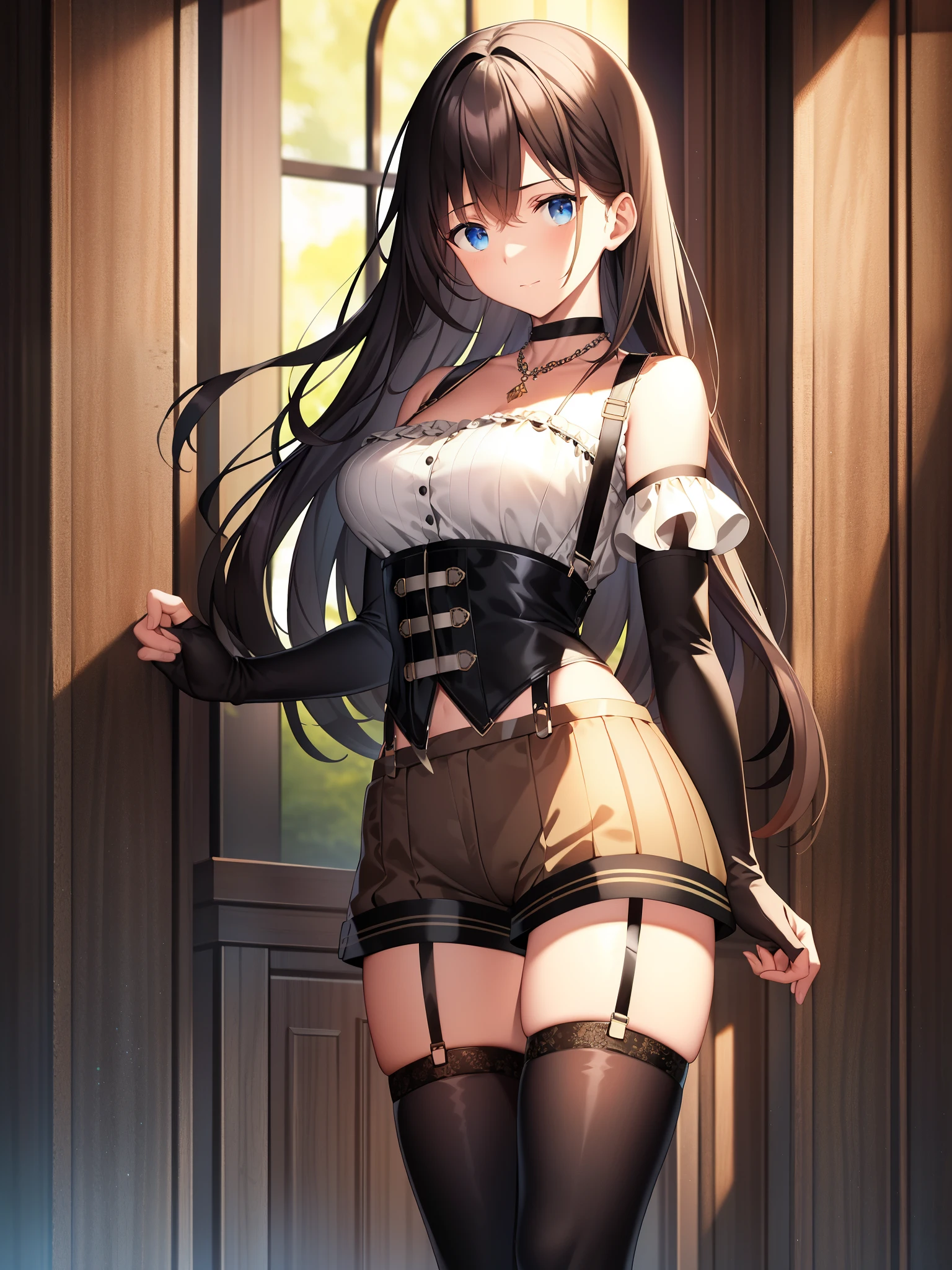 highest quality、master piece、high resolution、original、detailed wallpaper、perfect lighting、Detailed CG、standing、Pane、choker、necklace、crop top、off shoulder、elbow gloves、suspenders、black shorts、thigh high socks、boots、