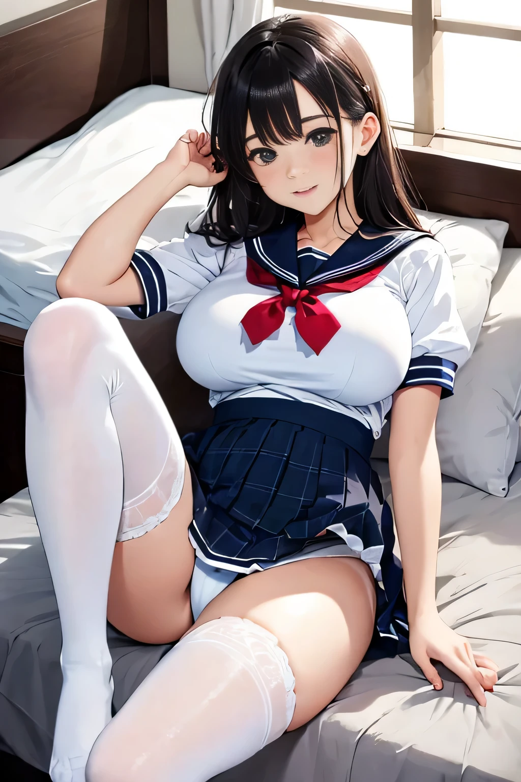 highest quality、High resolution、detailed background、beautiful and detailed face、beautiful and smooth skin、skin texture、professional lighting、Beautiful teenage girl、(huge breasts:1.1)、Lying on a hotel bed、sleeping in bed、unprotected sleeping face、cute hairstyle、 cute sailor suit、white sailor collar、Plaid pleated mini skirt、white knee high socks、sleeveless、short sleeve、camel toe、panty shot、Lower milk is visible、unprotected sleeping face、My clothes come off and I can see my underwear