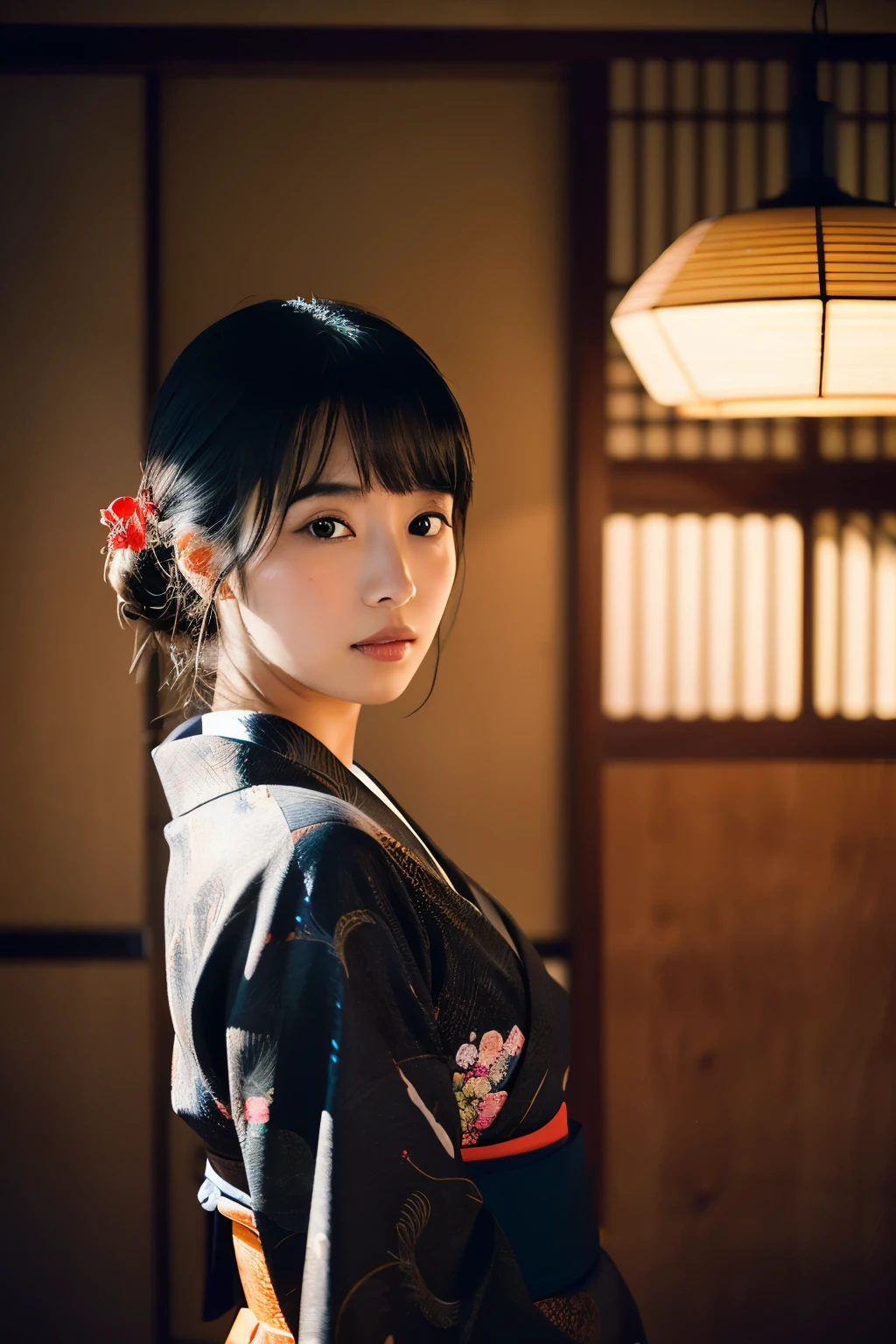 20-year-old Japanese supermodel girl,black hair,Ukiyo-e kimono,Japanese road background,A ray of light,beautiful facial lighting,big deal,Photographed by Yui Aragaki,6 o'clock'bell
