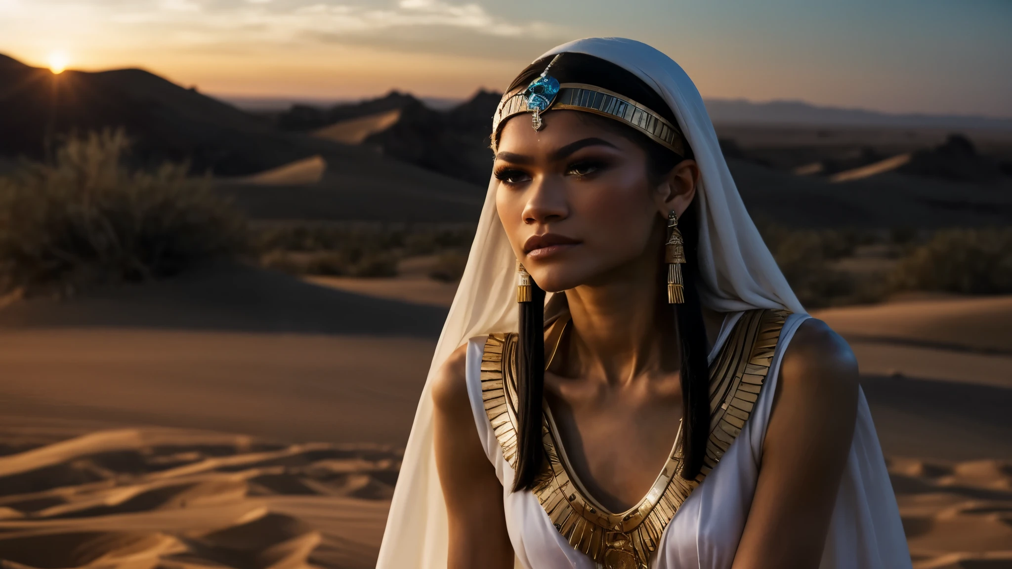 zendaya portrayed as Cleopatra,wearing a light white dress, sitting on the desert sand crying, night time,phothotorealistic scene, dramatic, cinematic, 4k resolution, hyperdetailed, dramatic scene, front view, full body, 