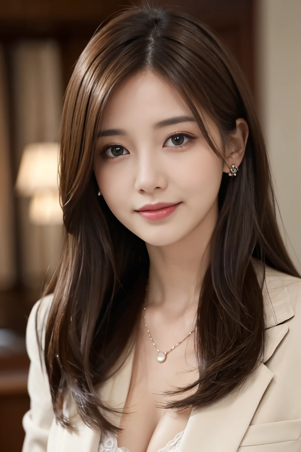 table top、highest quality、genuine、Super detailed、finely、High resolution、8k wallpaper、one beautiful woman、、、light brown disheveled hair、wearing a business suit、sharp focus、perfect dynamic composition、beautiful and detailed eyes、thin hair、詳細なgenuineな肌の質感、smile、close-up portrait、model body shape