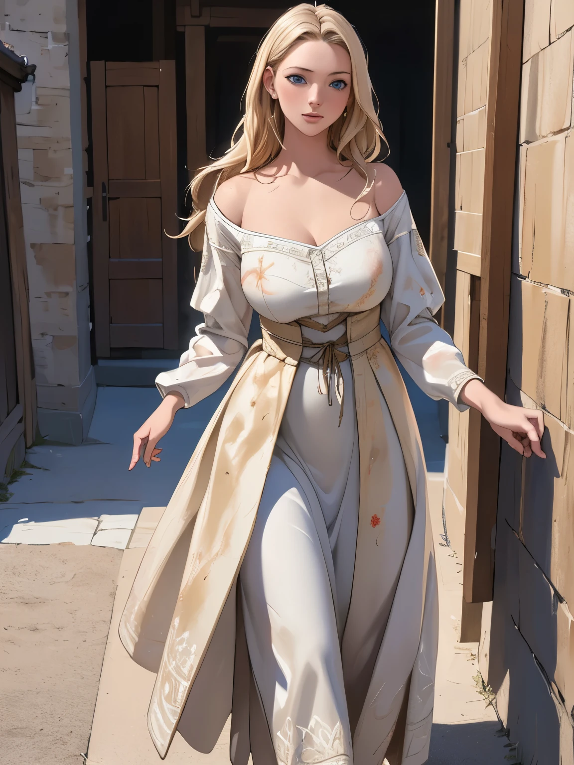 highest quality, masterpiece, realistic pictures, intricate details, RAW photo, Super detailed, old fashioned young woman, ((action painting)),  　In peasant style dresses, No neckline, blonde hair, perfect details and blue eyes, walk through the old town, HD quality, 8K, young woman, 20-year-old