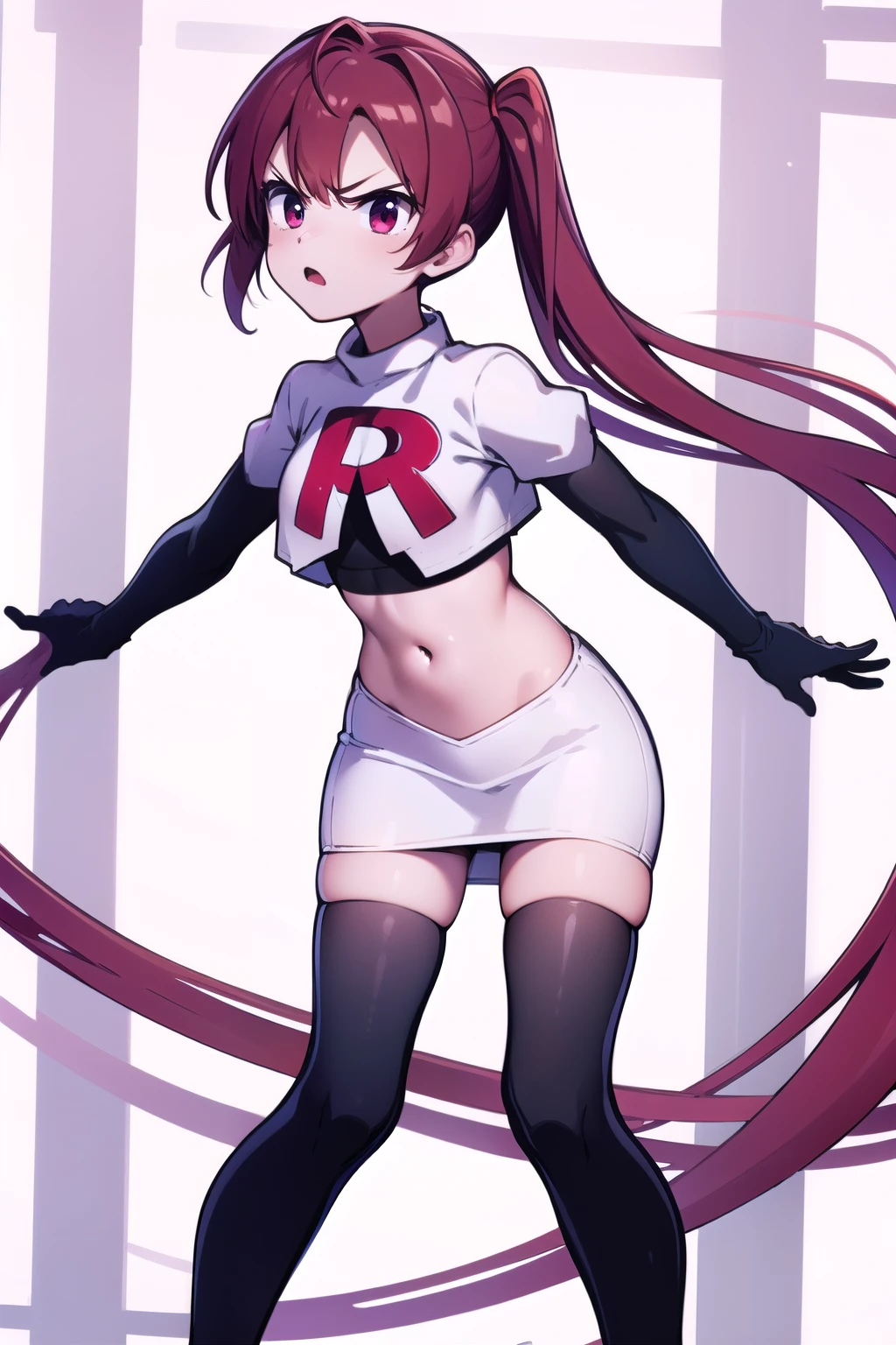 masterpiece, best quality, 
1girl, solo, angry, team rocket,team rocket uniform,white skirt,red letter R,crop top,black thigh-highs,black elbow gloves