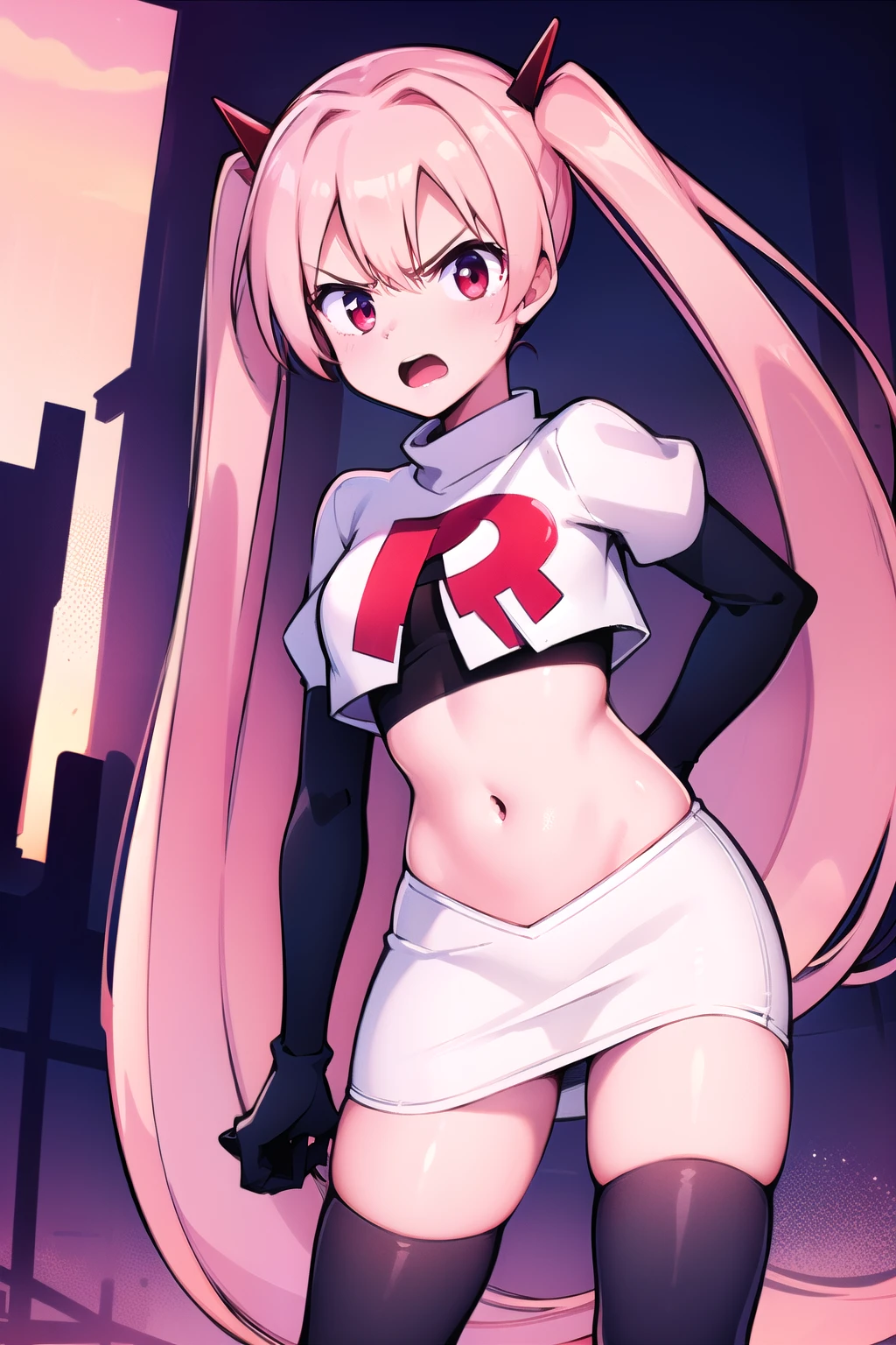 masterpiece, best quality,
1girl, solo, angry, team rocket,team rocket uniform,white skirt,red letter R,crop top,black thigh-highs,black elbow gloves