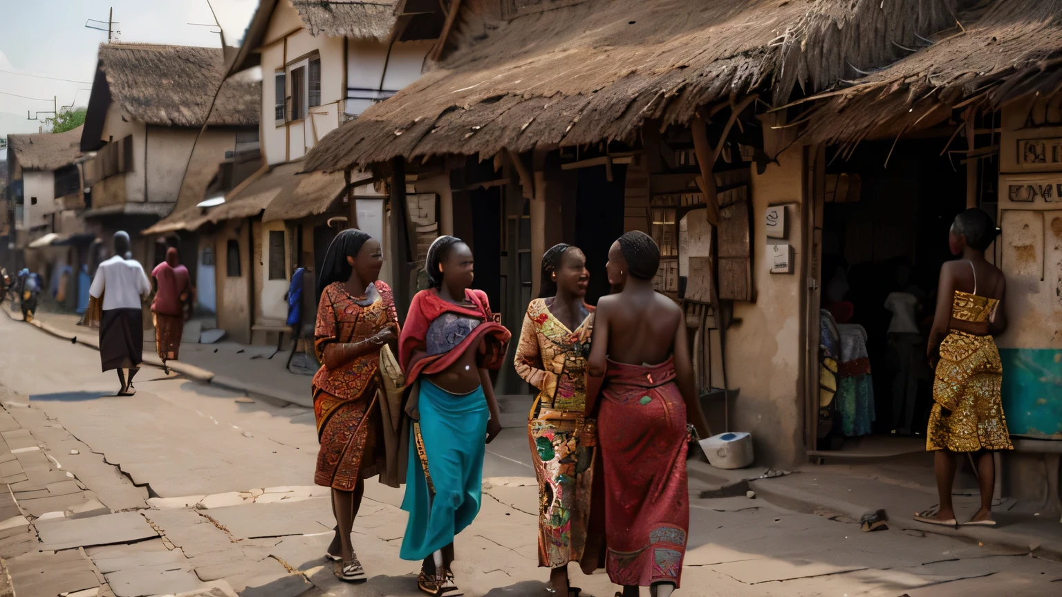 craft a hyper-realistic 4k image of 4 girls gossiping on the street of a bustling african village. with pedestrians on the street, buildings are well arranged, buildings either have thatched or rusty zinc roofs.