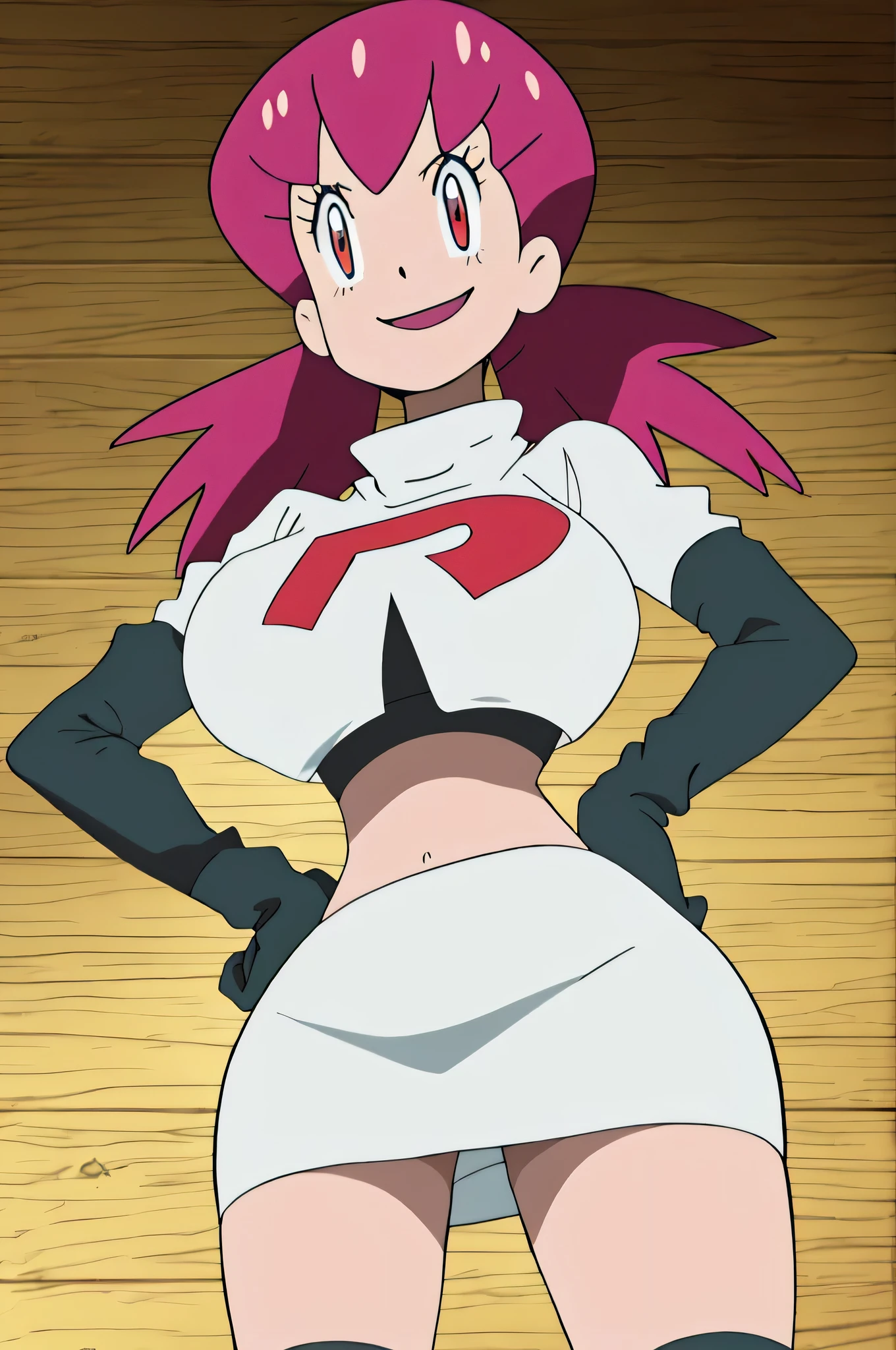 8k, anime screencap,1girl in, (Solo:1.2), (Perfect body:1.1), (Best Quality:1.1), very large breast, hands on hip,team rocket uniform, red letter r, white skirt,white crop top,black thigh-high boots, black elbow gloves, evil smile, looking down at viewer, hands on hips,zettai ryouiki, whitney