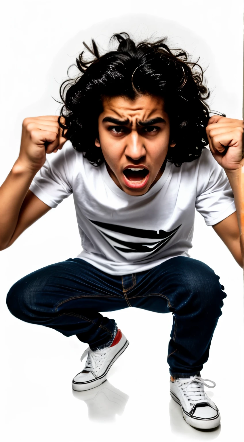 Mad teenage boy, jeans, white shirt, slidback hair, black shoes, mad face, white background. Hispanic, angry eyes, mad eyebrows, mad mouth, mad positions