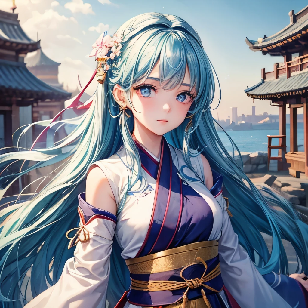 1 girl,whole body,highly detailed face, beautiful and fine eyes,light shines on your face,cinematic lighting,looking at the viewer,outdoor,(Bulk Chinese Architecture:0.05),Hanfu,cute,Hair color is sky blue,eye color is blue