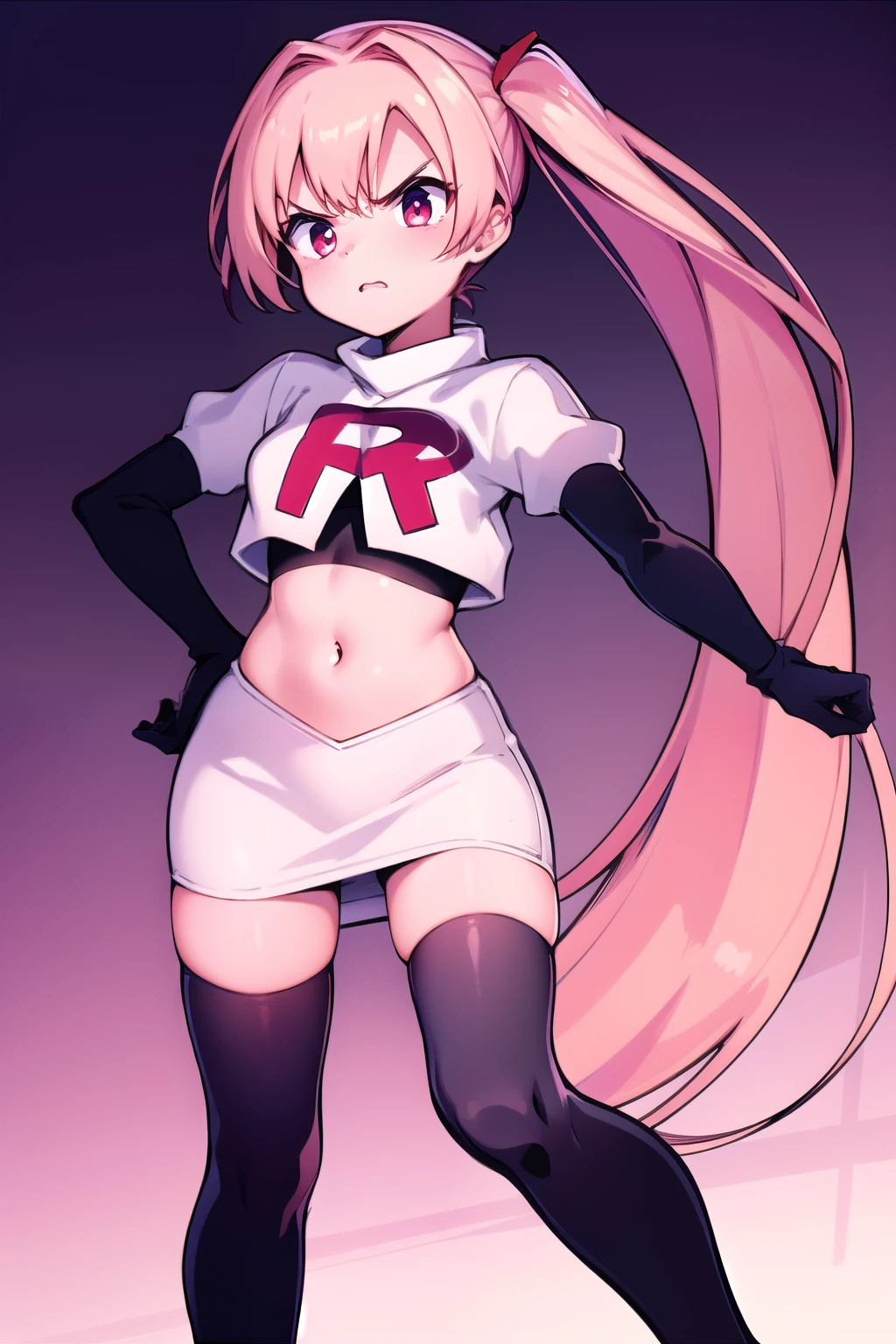 masterpiece, best quality, 
1girl, solo, angry, team rocket,team rocket uniform,white skirt,red letter R,crop top,black thigh-highs,black elbow gloves