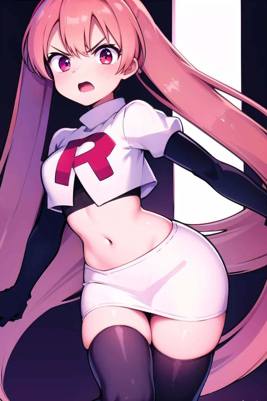 masterpiece, best quality,
1girl, solo, angry, team rocket,team rocket uniform,white skirt,red letter R,crop top,black thigh-highs,black elbow gloves