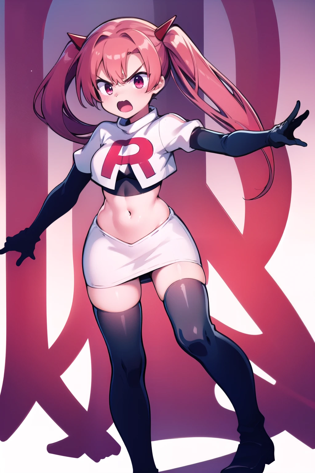 masterpiece, best quality, 
1girl, solo, angry, team rocket,team rocket uniform,white skirt,red letter R,crop top,black thigh-highs,black elbow gloves