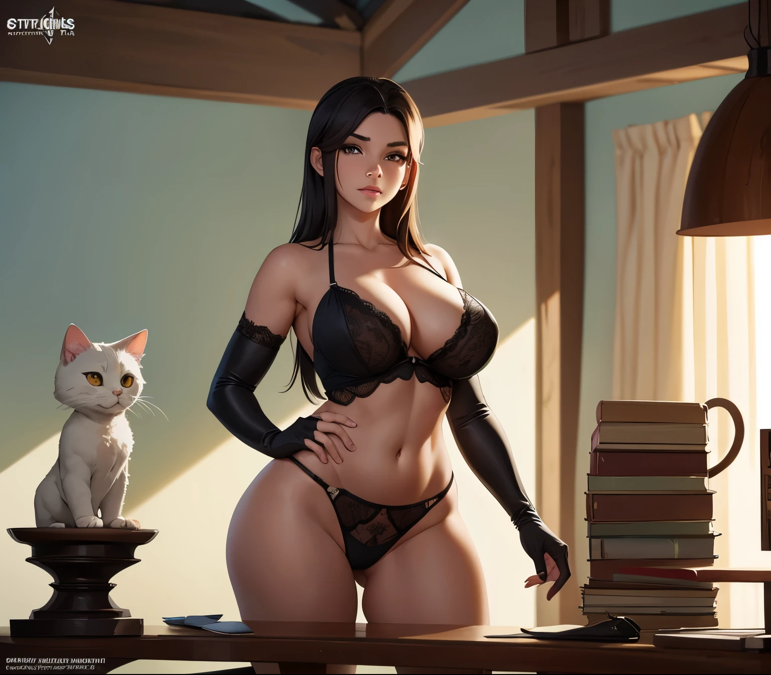 garota baixa, quadris largos, coxas grossas, standing up pose, corpo inteiro, big tits,um close de uma mulher em lingerie posando em duas poses diferentes, concept art by senior character artist, art-station, arte conceitual, thicc, anime sedutora, , head black , head cat
